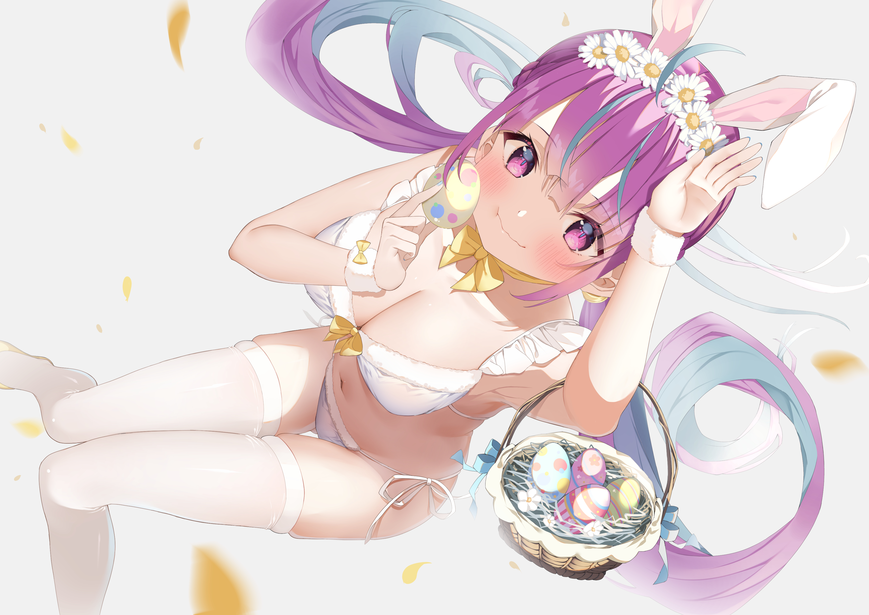 Anime 3541x2508 anime anime girls artwork Hololive Easter easter eggs bunny ears stockings white stockings underwear big boobs cleavage multi-colored hair white background