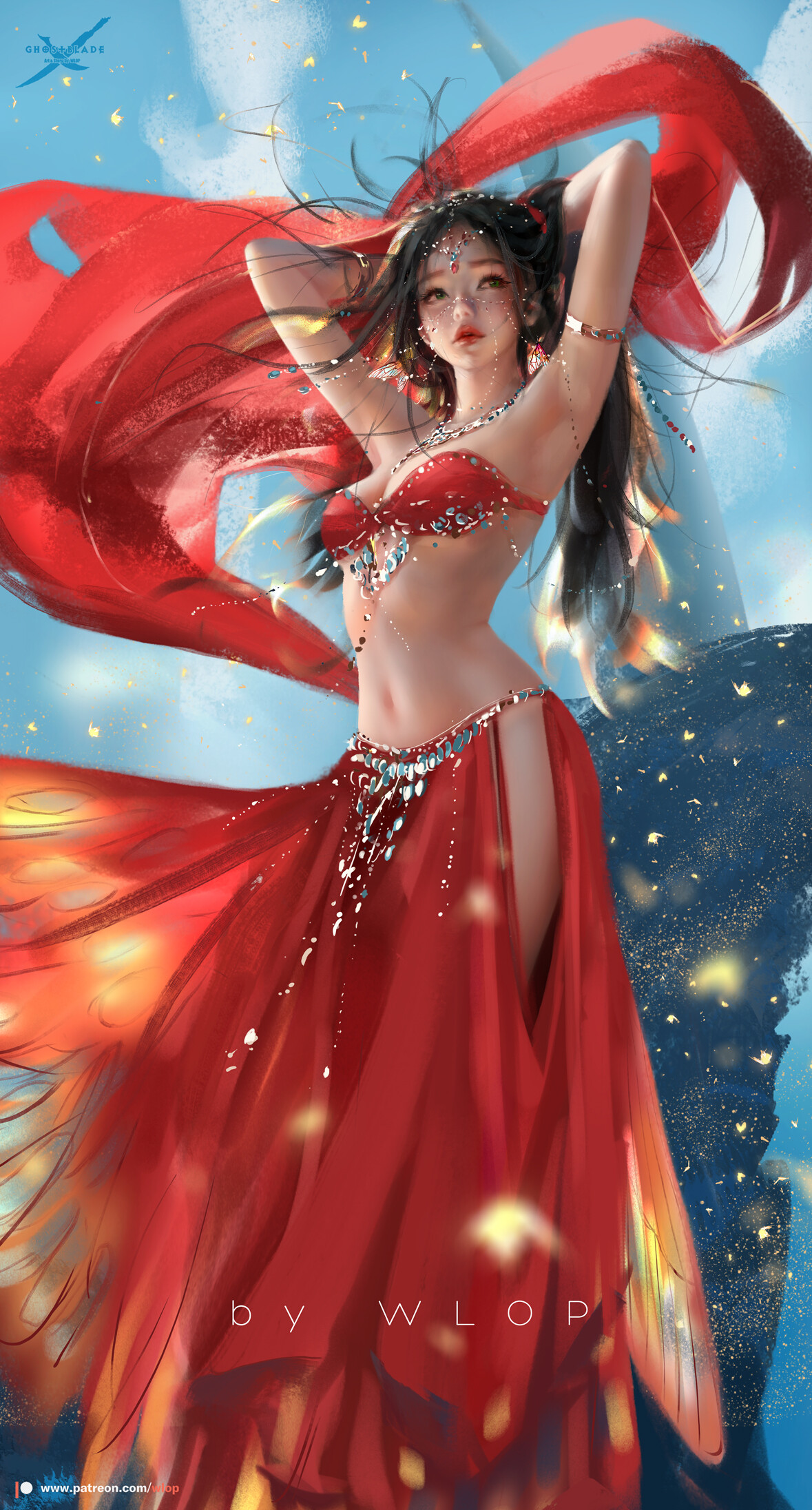General 1179x2192 artwork women WLOP fantasy art fantasy girl arms up bra belly red clothing watermarked dark hair long hair standing armpits Fengye Ghostblade