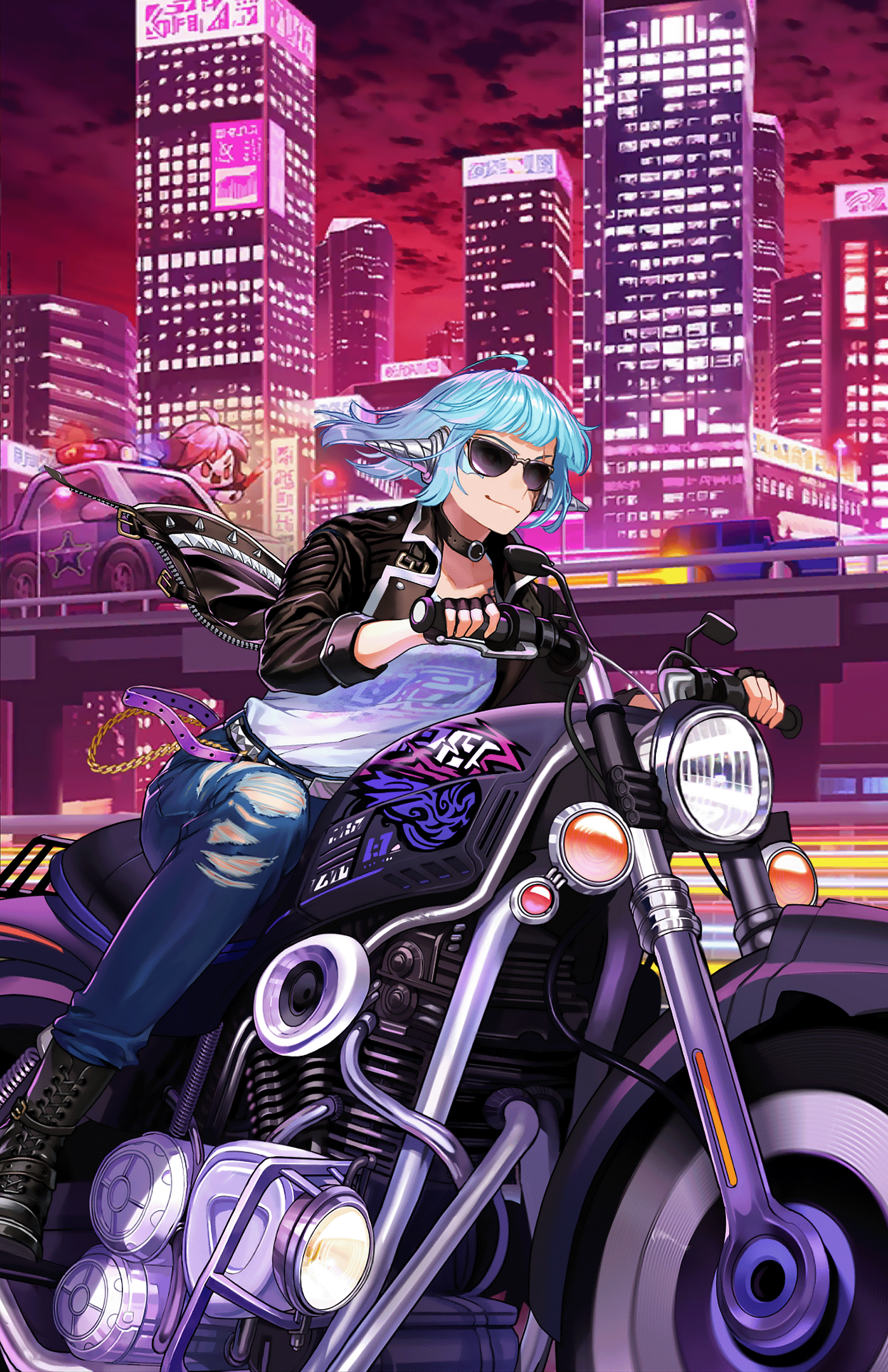 Anime 1799x2778 Guardian Tales Android Mk.2 (Guardian Tales) anime anime girls women women with motorcycles motorcycle vehicle cyan hair torn jeans sunglasses women with shades city
