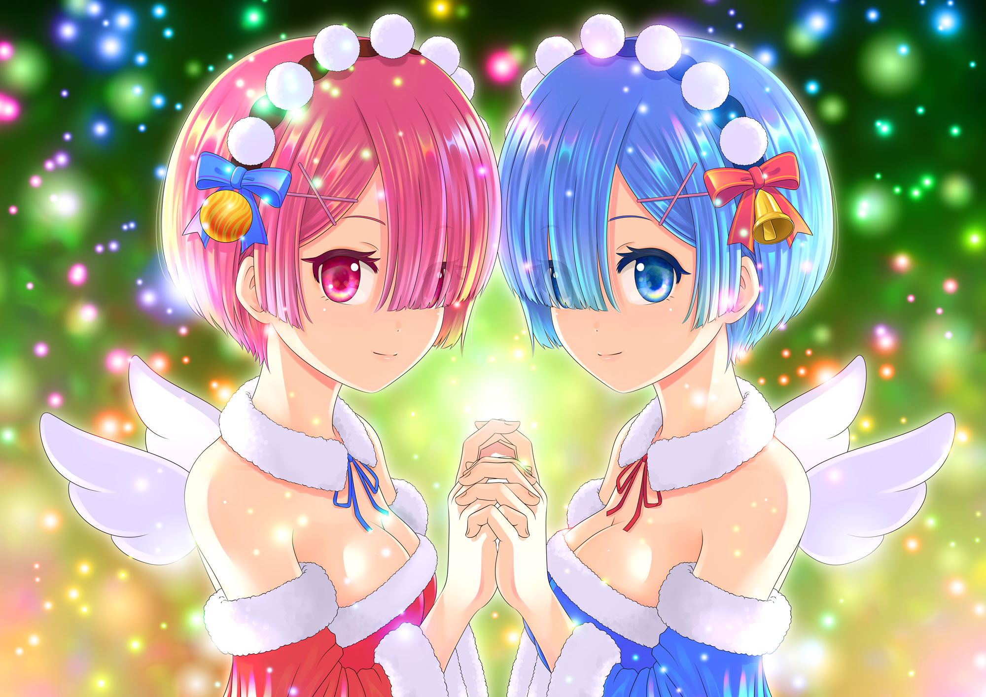 Anime 2000x1414 anime anime girls Re:Zero Kara Hajimeru Isekai Seikatsu Rem (Re:Zero) Ram (Re: Zero) short hair blue hair pink hair twins two women artwork digital art fan art