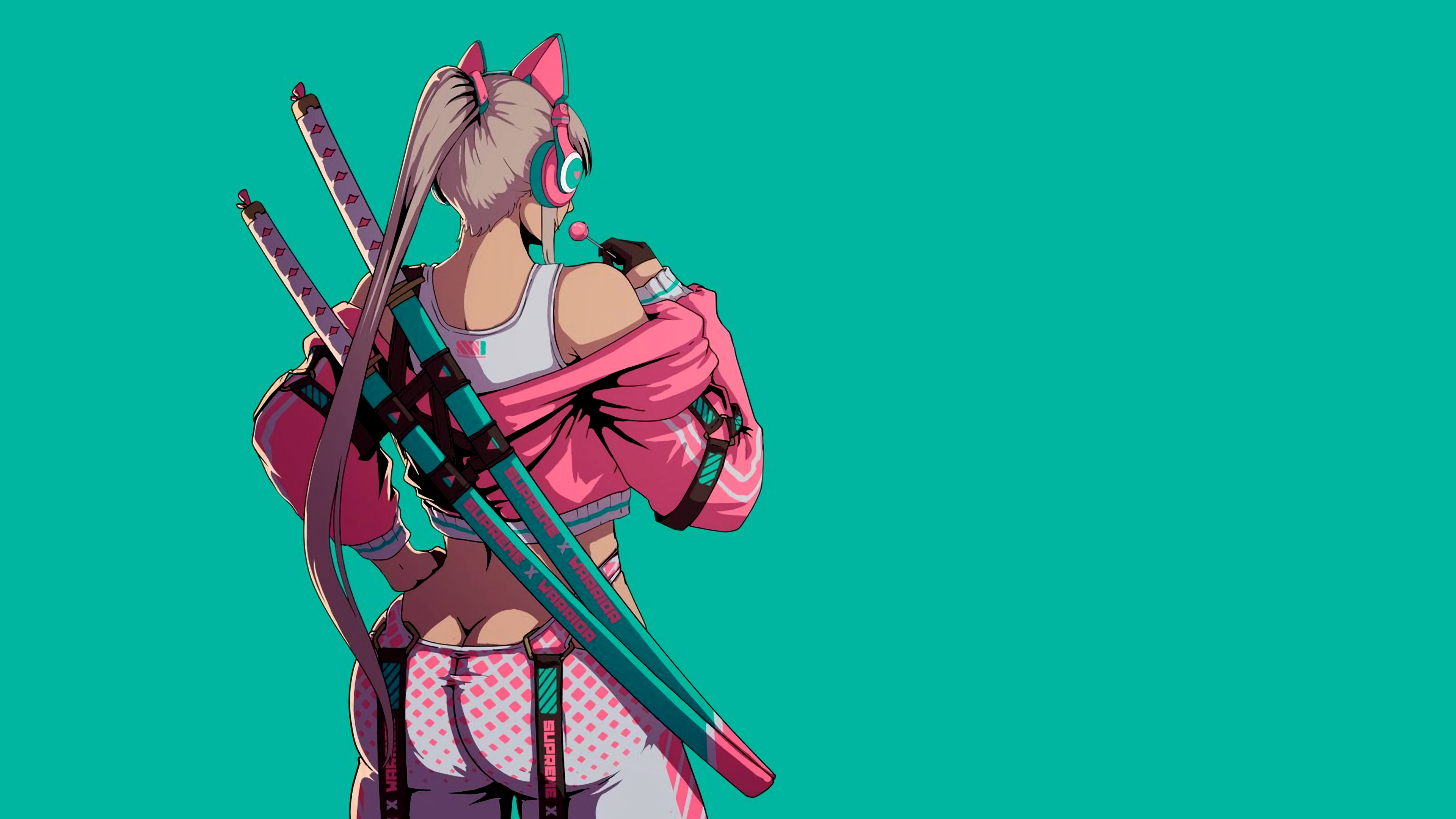 Anime 3840x2160 teal background teal pink jacket jacket ponytail earphones headsets anime girls gluteal fold lollipop weapon katana sword simple background tank top white tank top butt crack bare shoulders animal ears cat ears ass