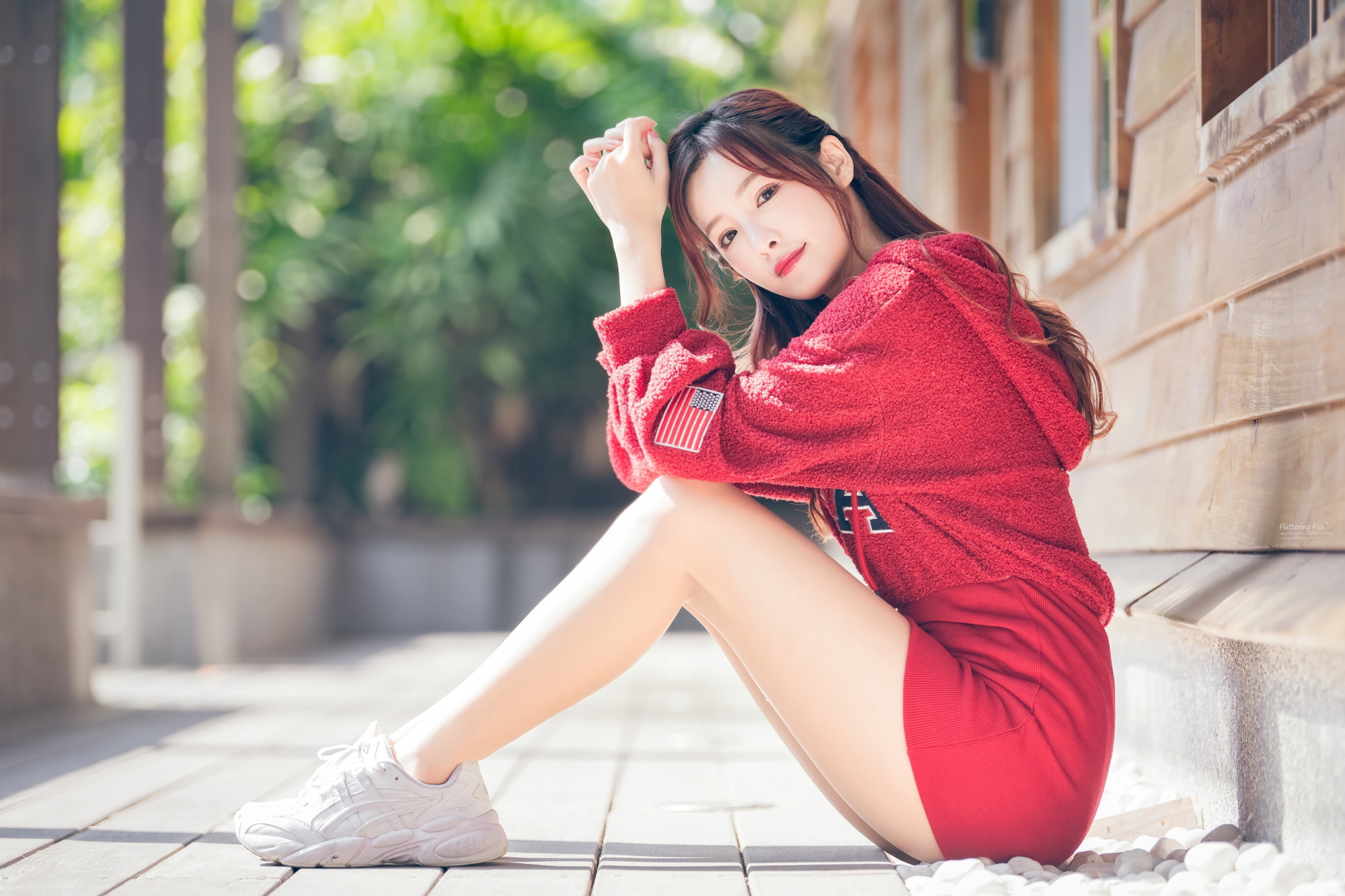 People 2000x1333 Asian model women long hair dark hair sitting depth of field plants sneakers red dress legs skirt on the ground red clothing