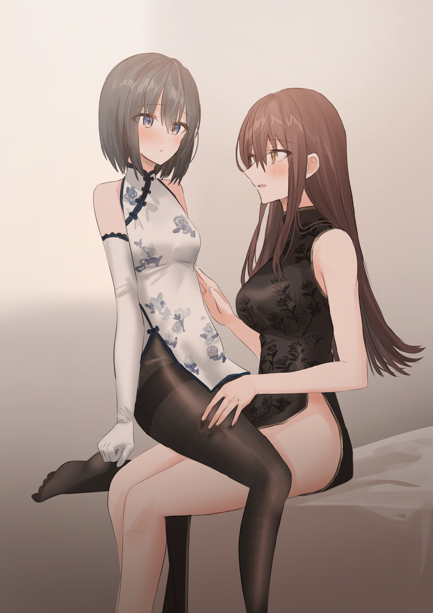 two women, original characters, lesbians, anime girls, anime, white dress,  black dress, artwork, digital art, fan art, yuri, pantyhose, dress