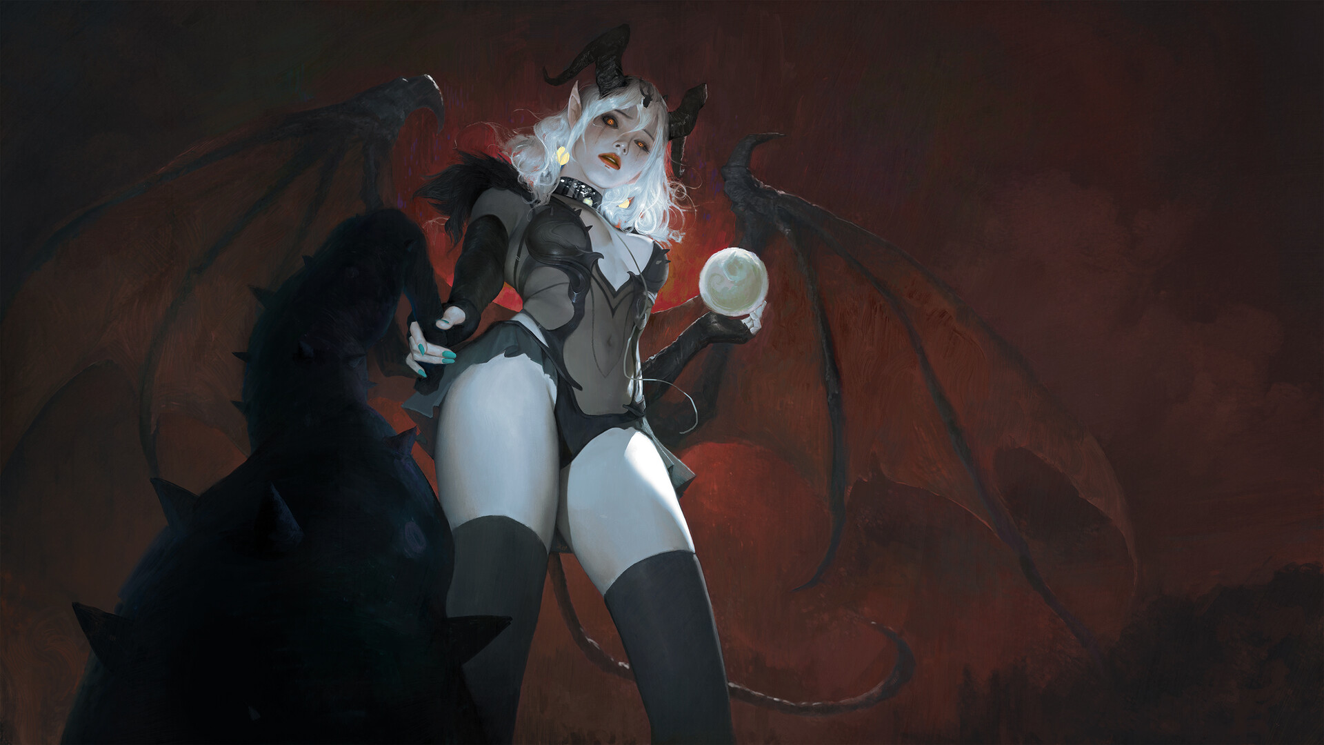 General 1920x1080 artwork fantasy art fantasy girl succubus demon girls horns pointy ears red lipstick boobs stockings low-angle looking at viewer women