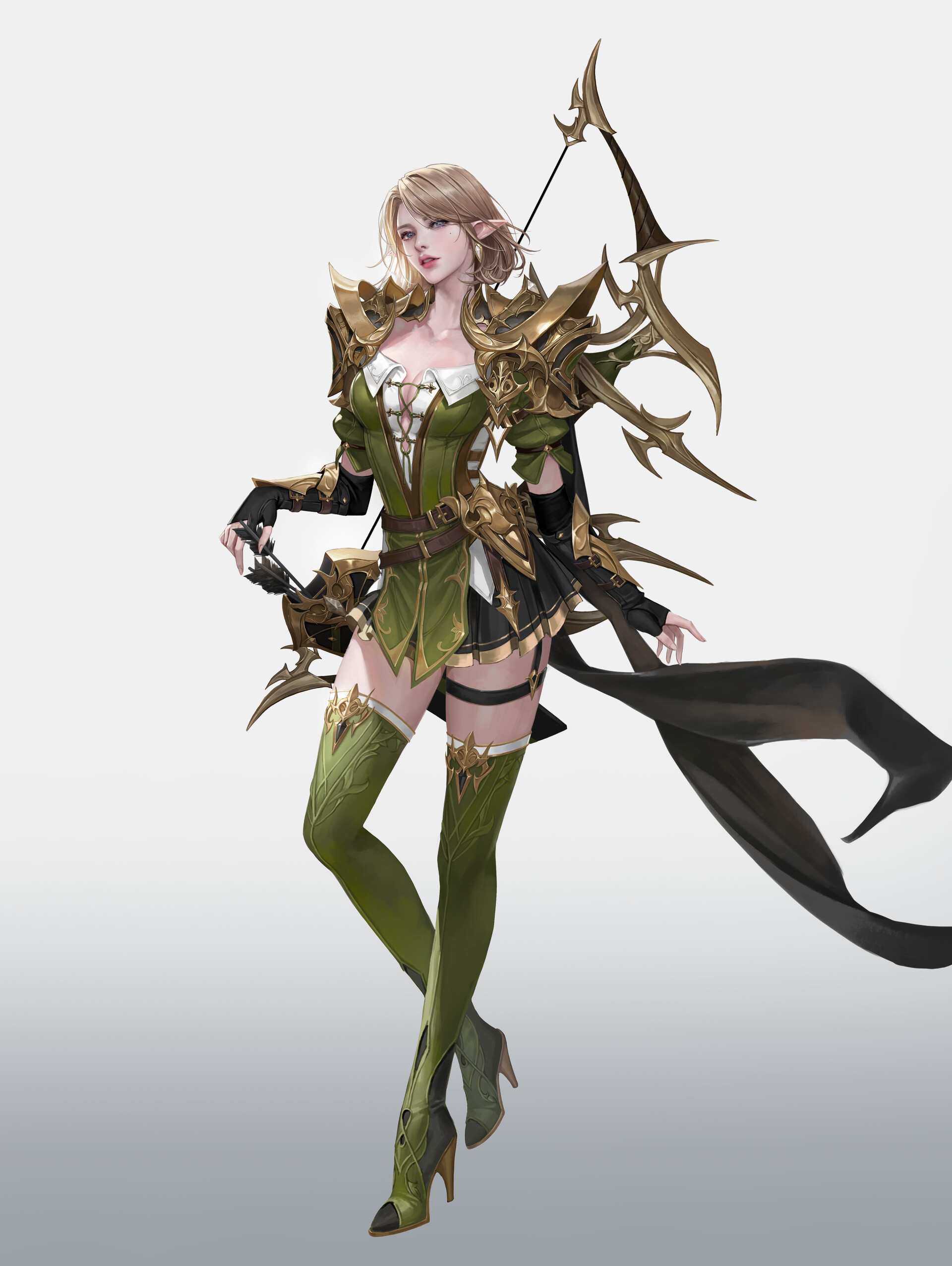 General 1920x2553 Zhincy drawing women blonde archer green clothing white background fantasy art fantasy girl pointy ears looking at viewer simple background