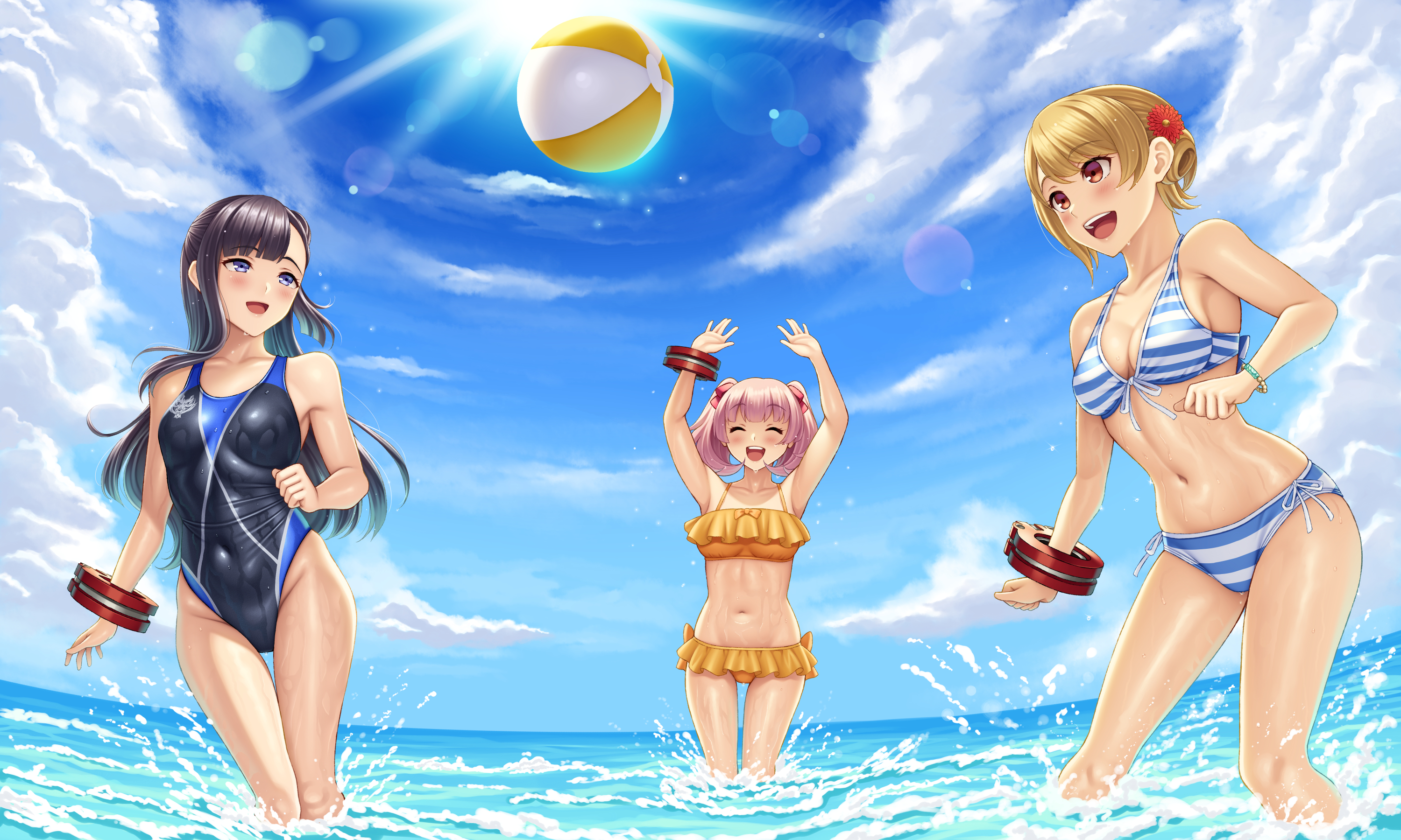 Anime 3000x1800 anime anime girls women outdoors women trio happy bikini striped bikini God Eater Watanuki Kaname
