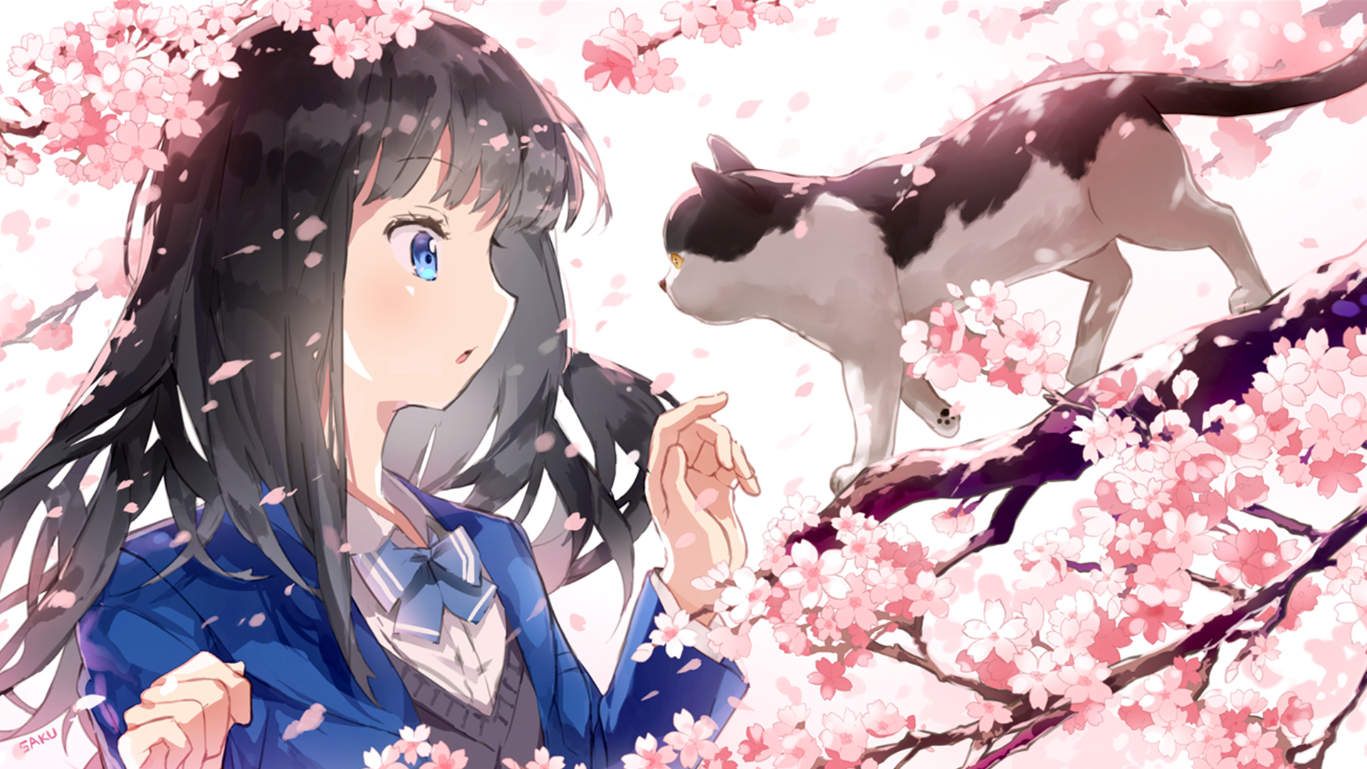Anime 1920x1080 anime anime girls original characters cats cherry blossom blue eyes black hair school uniform