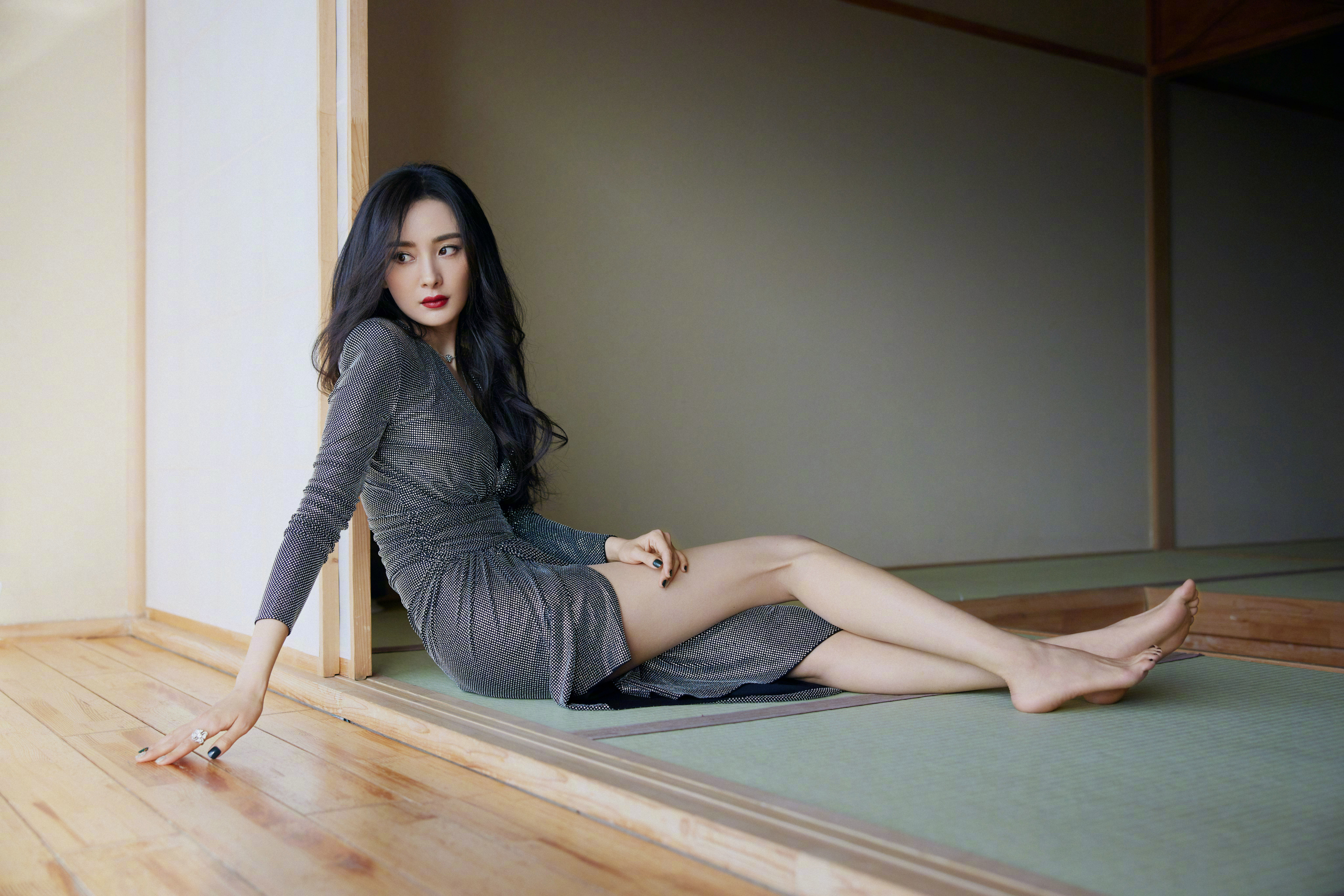 People 8192x5464 Chinese women Chinese women model Chinese model barefoot dress black hair makeup red lipstick looking away on the floor sitting women indoors painted nails legs black nails pointed toes Asian yang mi mi yang