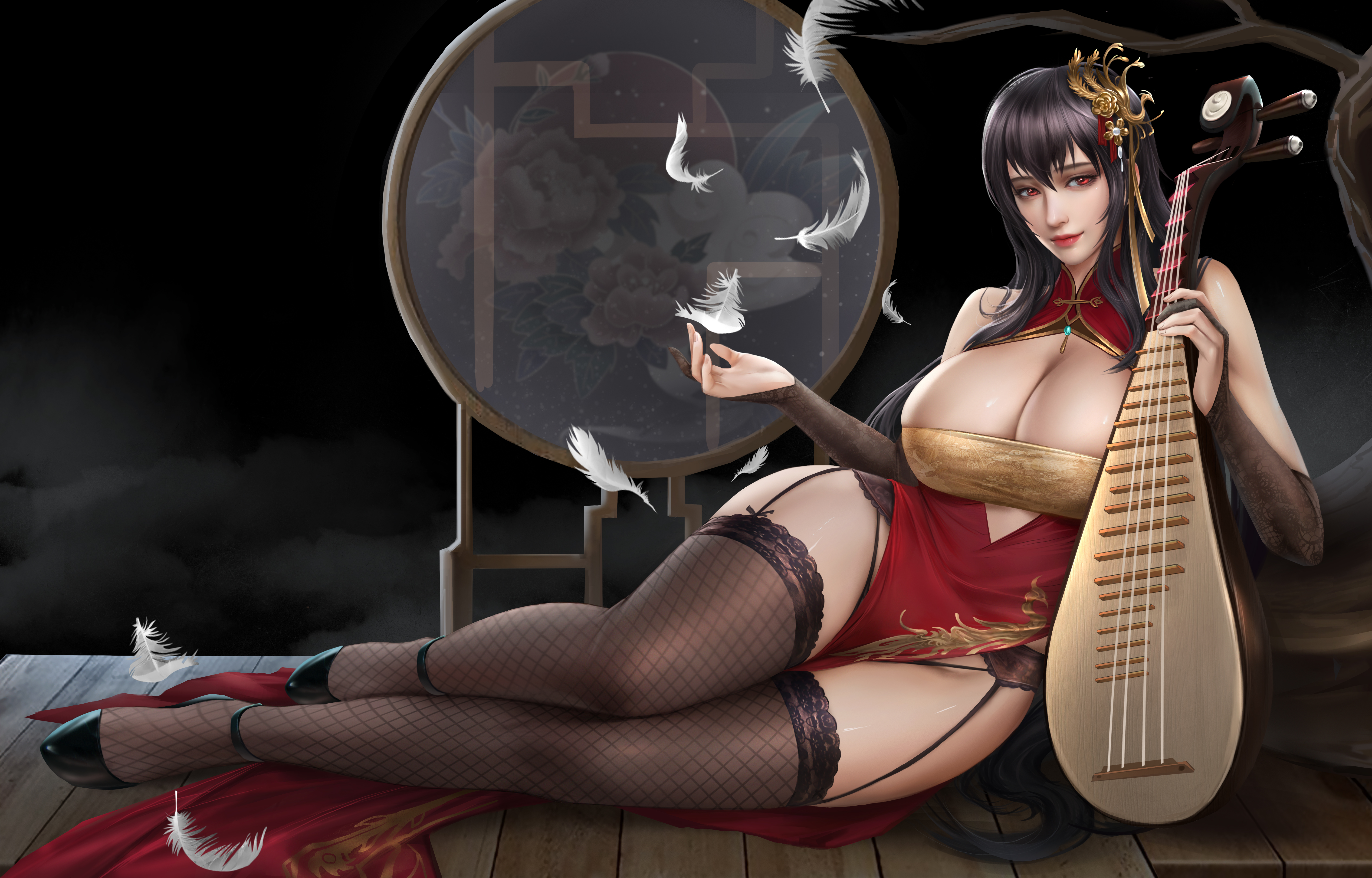 General 5906x3780 women Liu Gangdan big boobs stockings musical instrument digital art