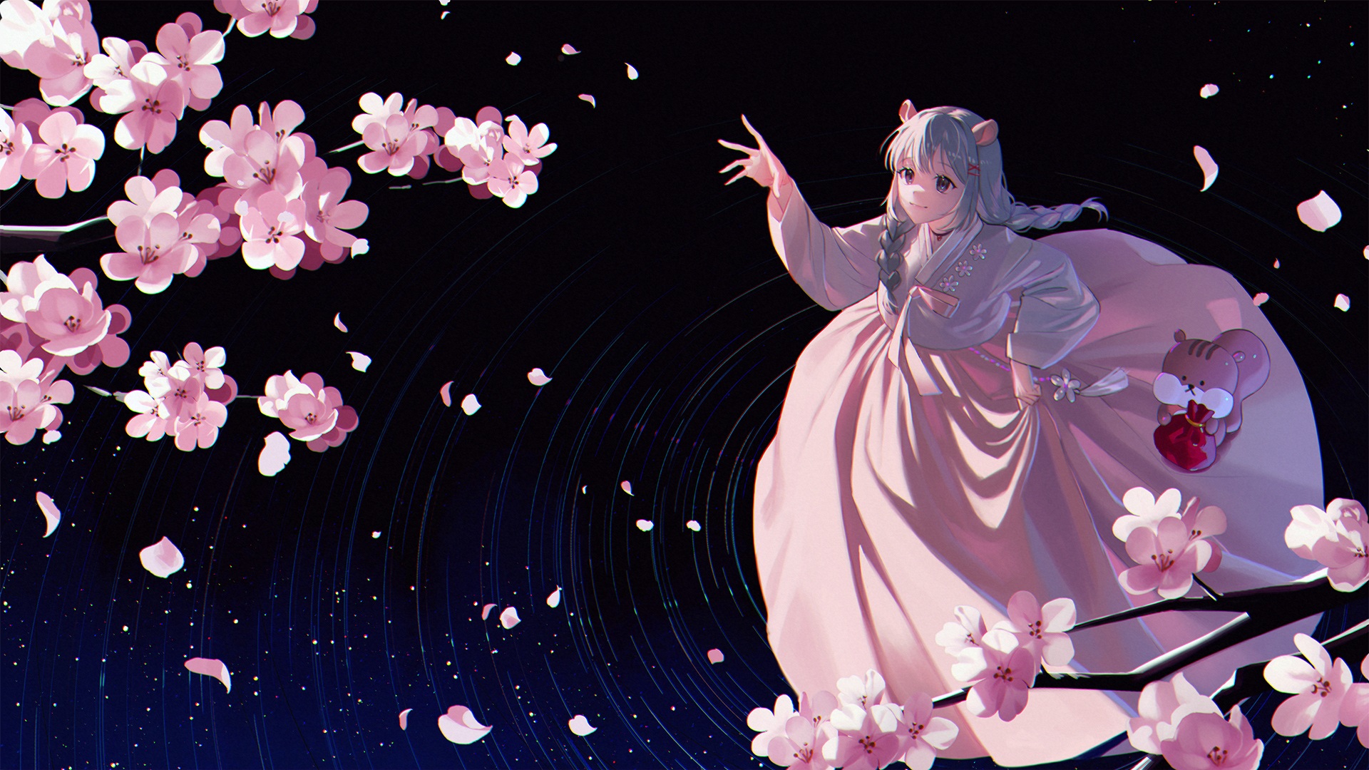Anime 1920x1080 anime anime girls fantasy art fantasy girl dress flowers plants cherry blossom animal ears artwork On (artist)