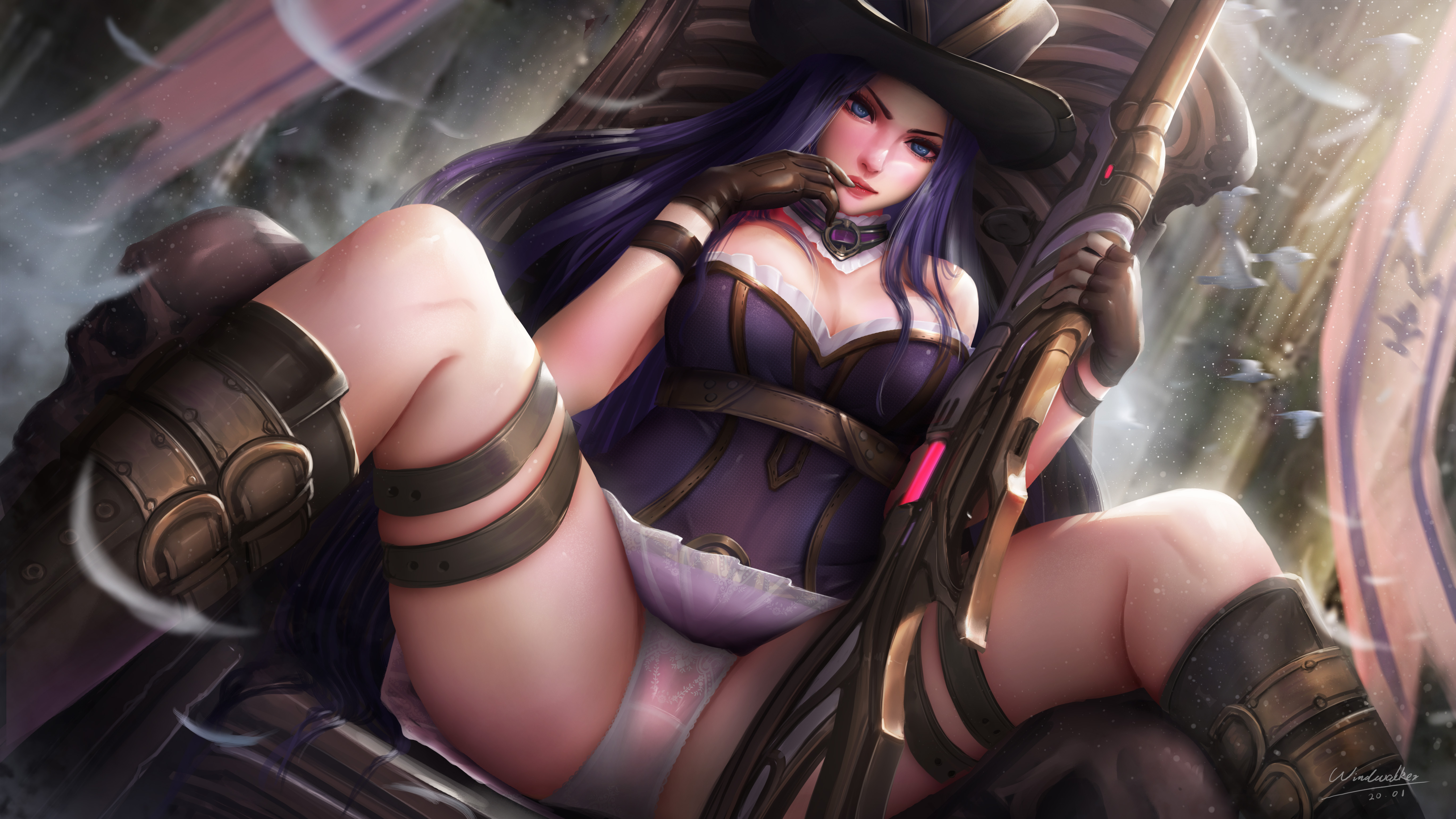 General 5476x3080 Caitlyn (League of Legends) League of Legends video games video game girls rifles spread legs dress cleavage underwear panties thick thigh thigh strap boots sitting looking at viewer 2D artwork drawing illustration fan art Windwalker Ture top hat