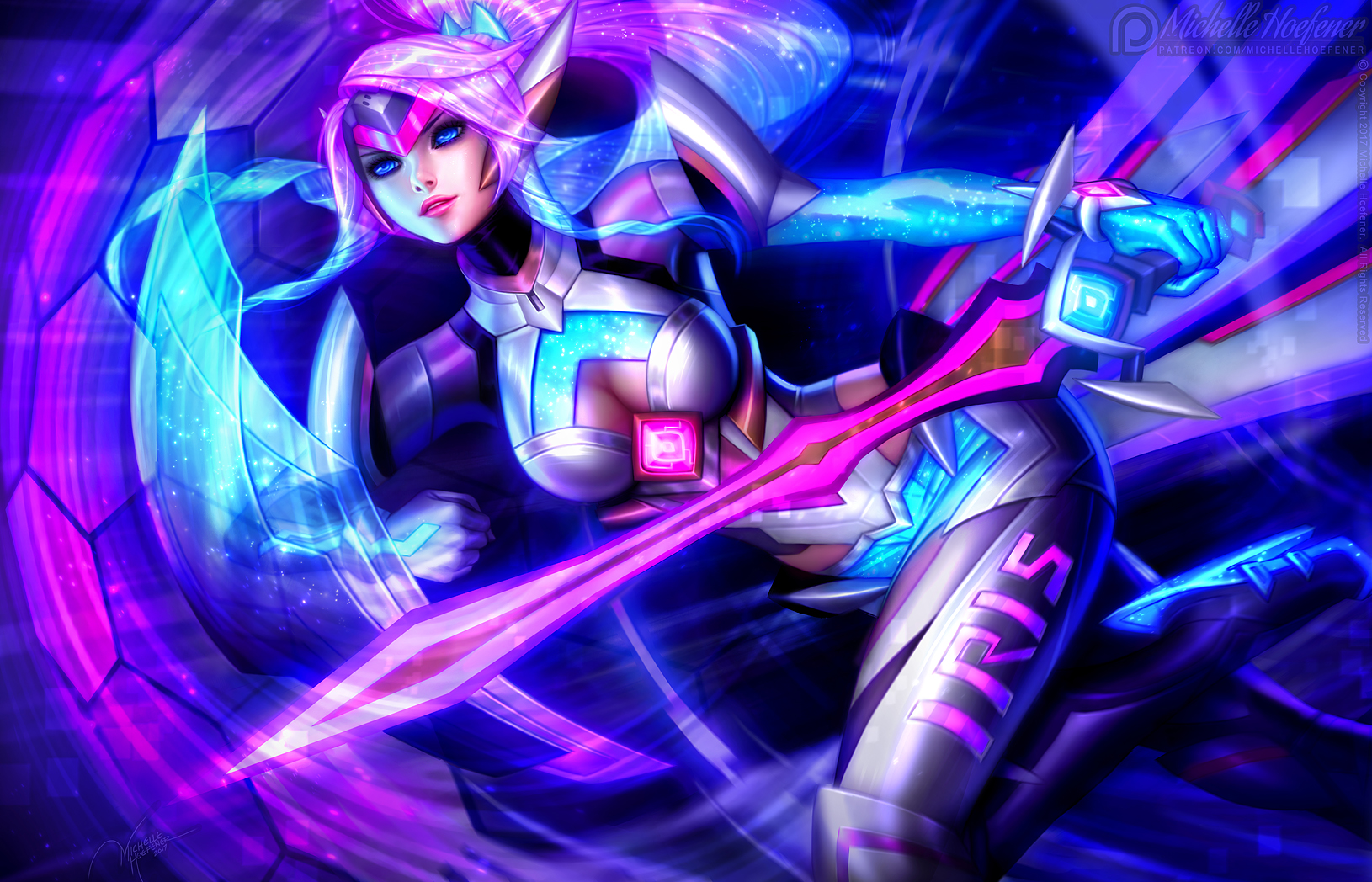 General 1630x1048 Michelle Hoefener drawing women pink hair ponytail blue eyes armor shield weapon sword pink blue glowing colorful fighting spell fantasy art