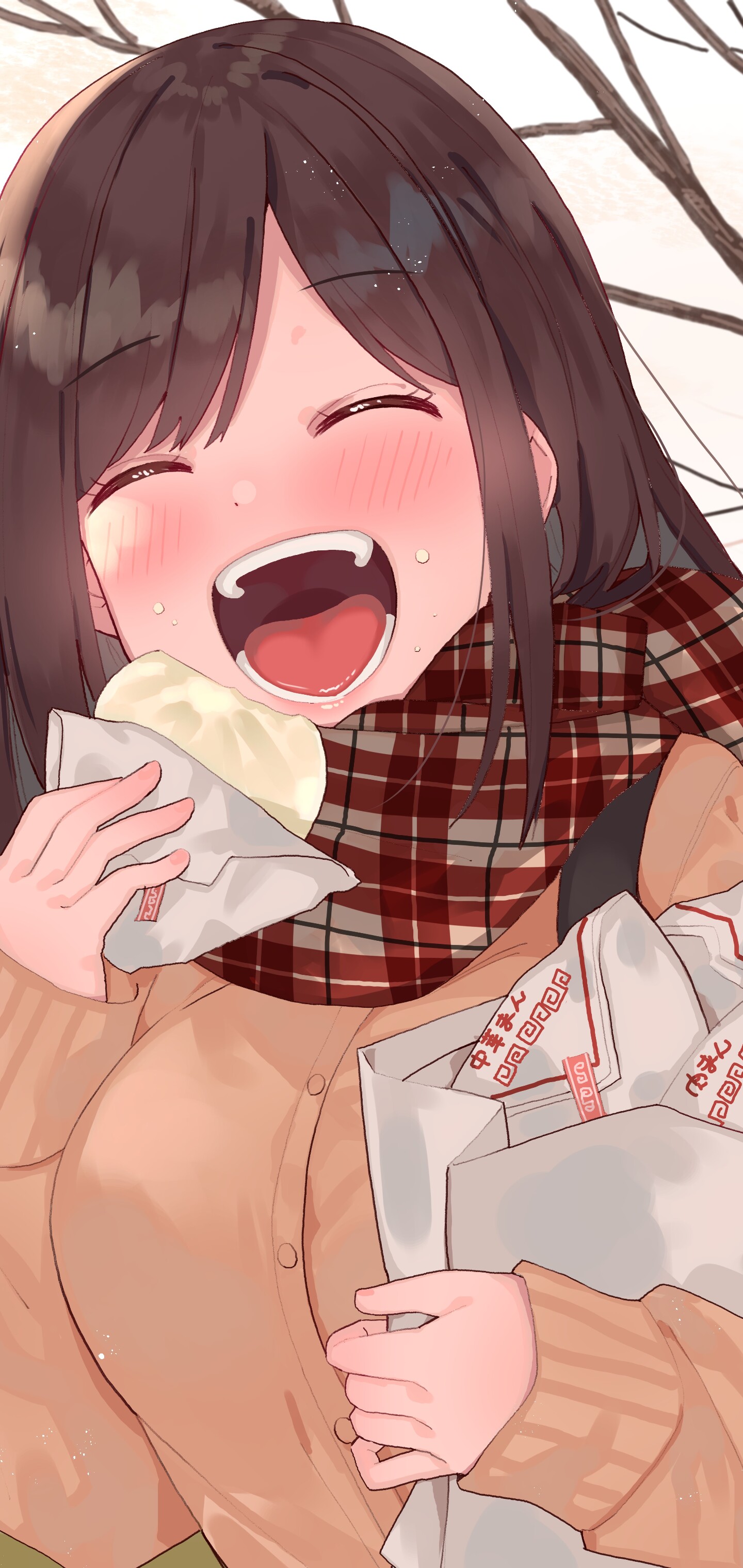 Anime 1440x3040 anime anime girls original characters artwork Keru cropped brunette blushing open mouth food