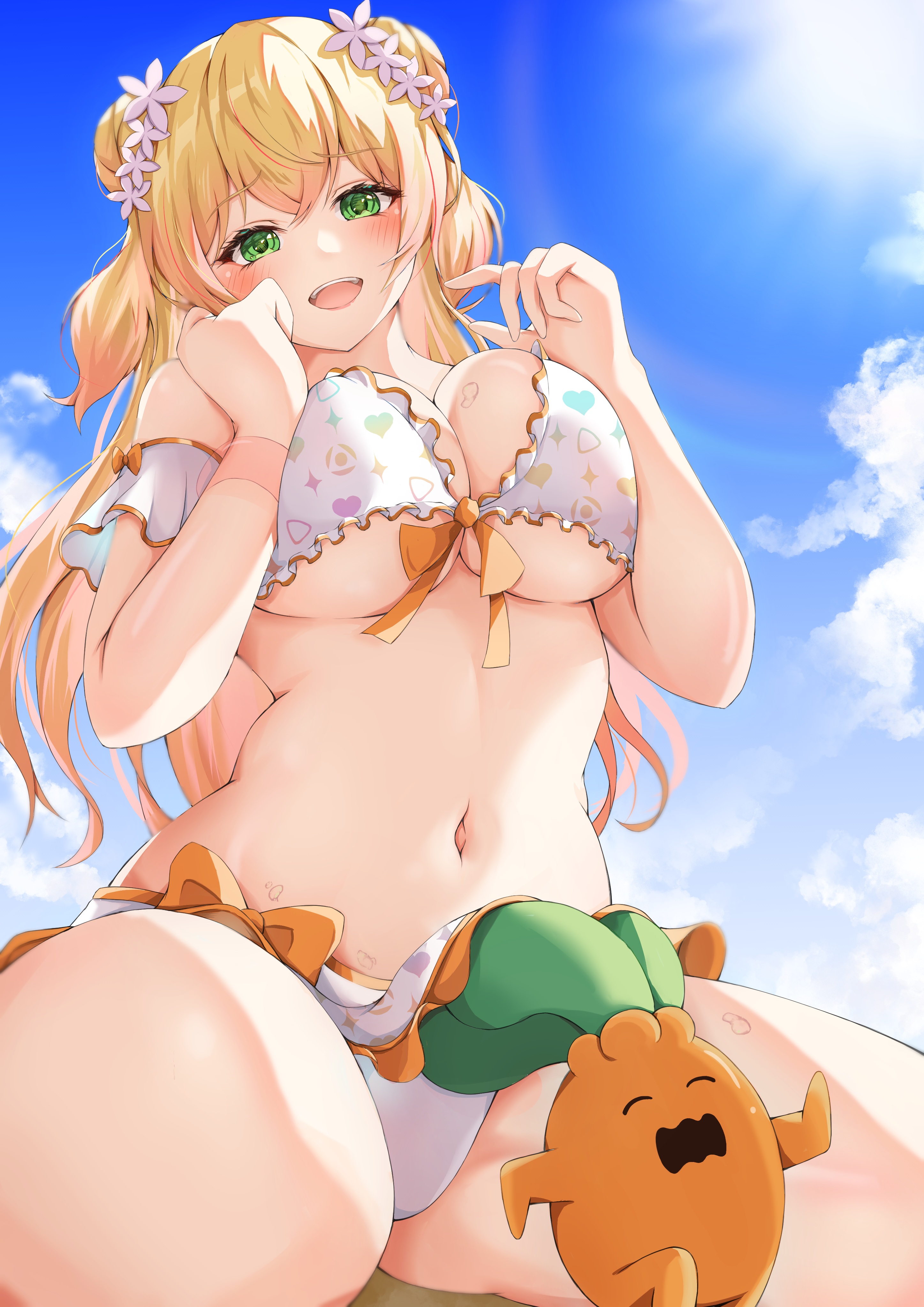 Anime 2894x4093 anime anime girls squeezing breast happy bikini big boobs blonde green eyes flower in hair pushing breasts together looking at viewer smiling