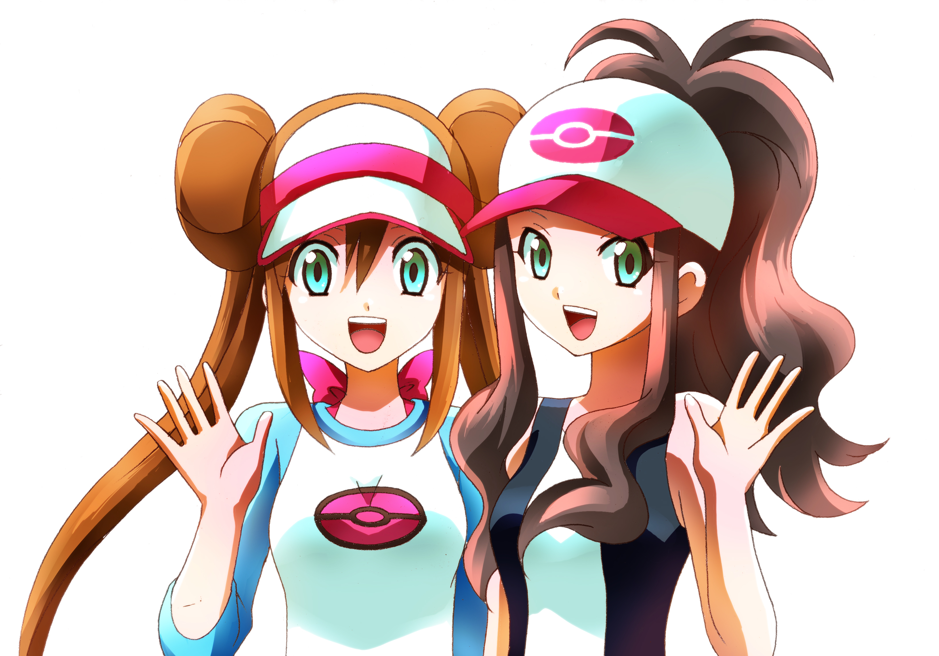 Anime 3264x2282 anime anime girls Pokémon Rosa (Pokémon) Hilda (Pokémon) long hair twintails ponytail brunette two women artwork digital art fan art hat