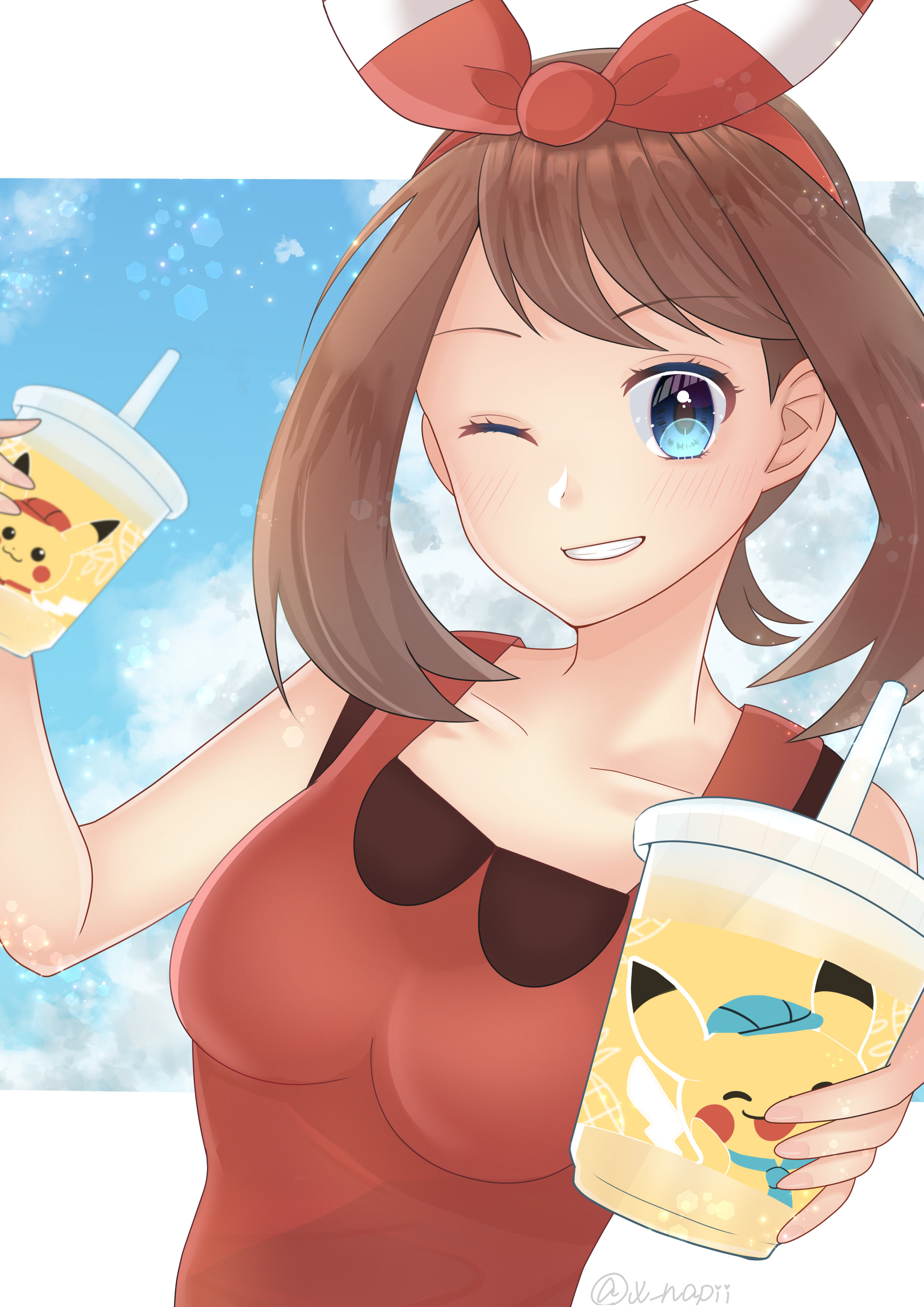 Anime 2894x4093 anime anime girls Pokémon May (Pokémon) twintails brunette solo artwork digital art fan art drink