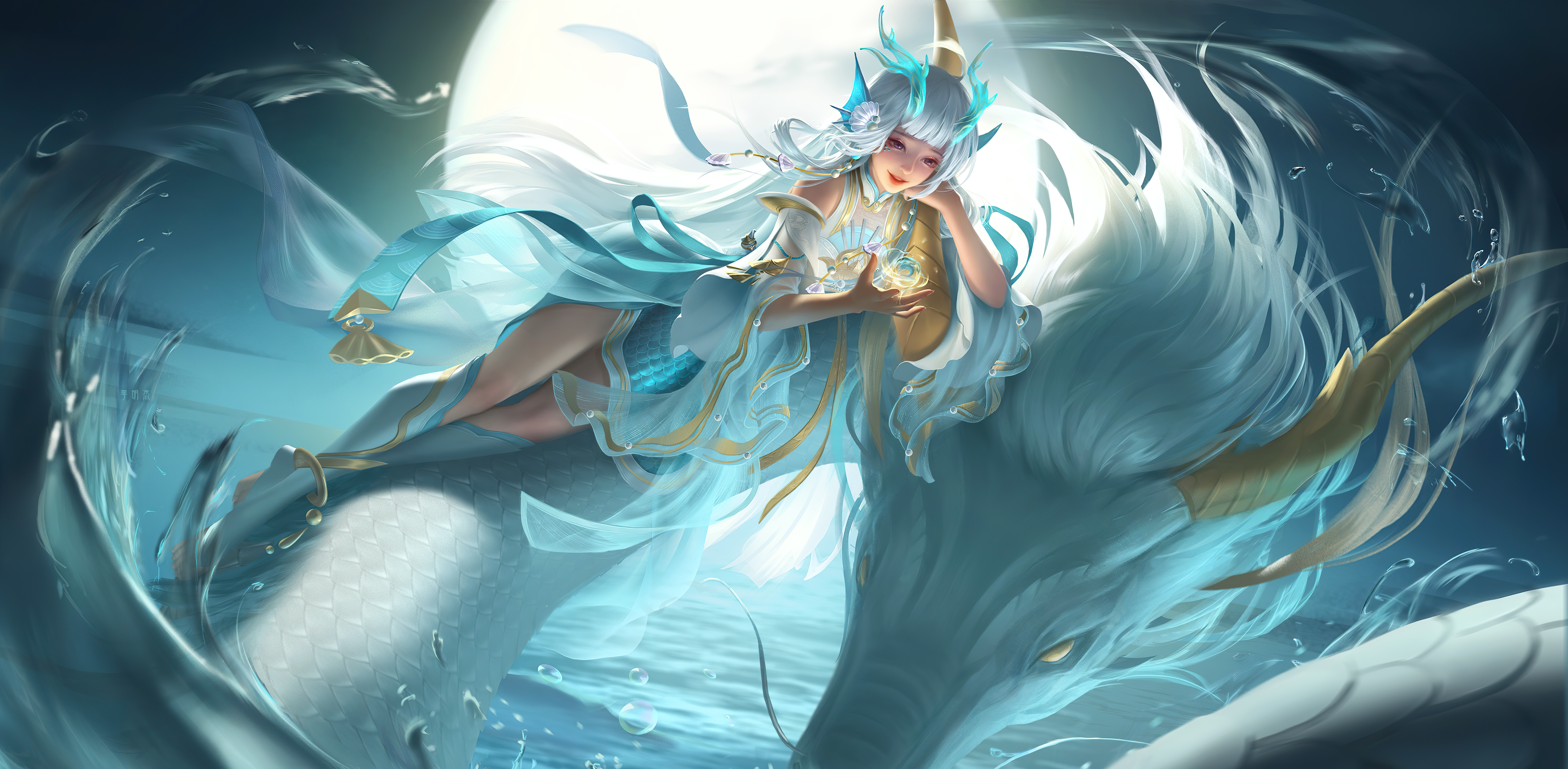 General 5872x2880 Honor of Kings video games video game characters video game art white hair water dragon animals Moon