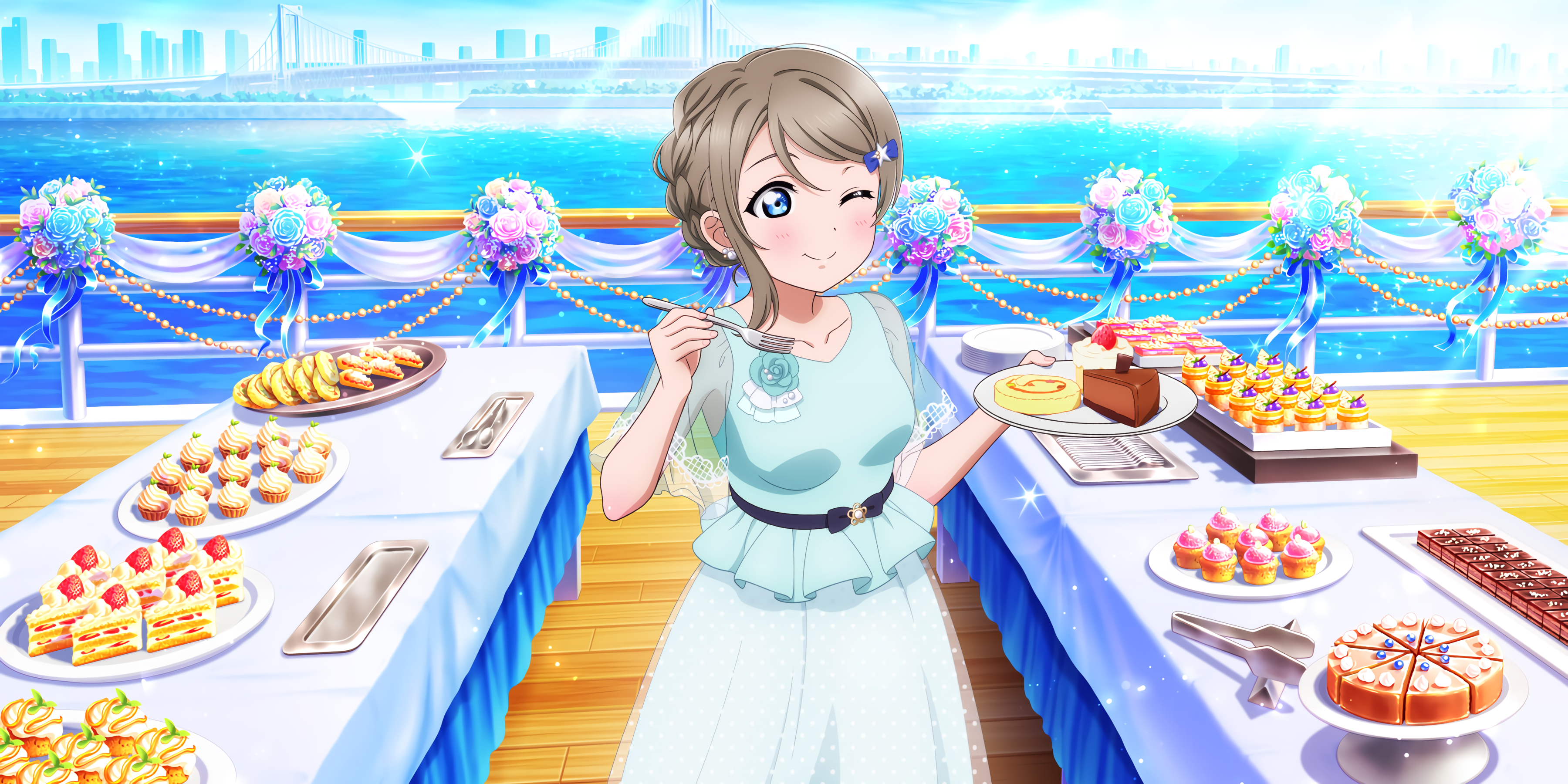 Anime 3600x1800 Watanabe You Love Live! Sunshine anime girls eating anime girls food ocean view blue eyes brunette blue dress barrette