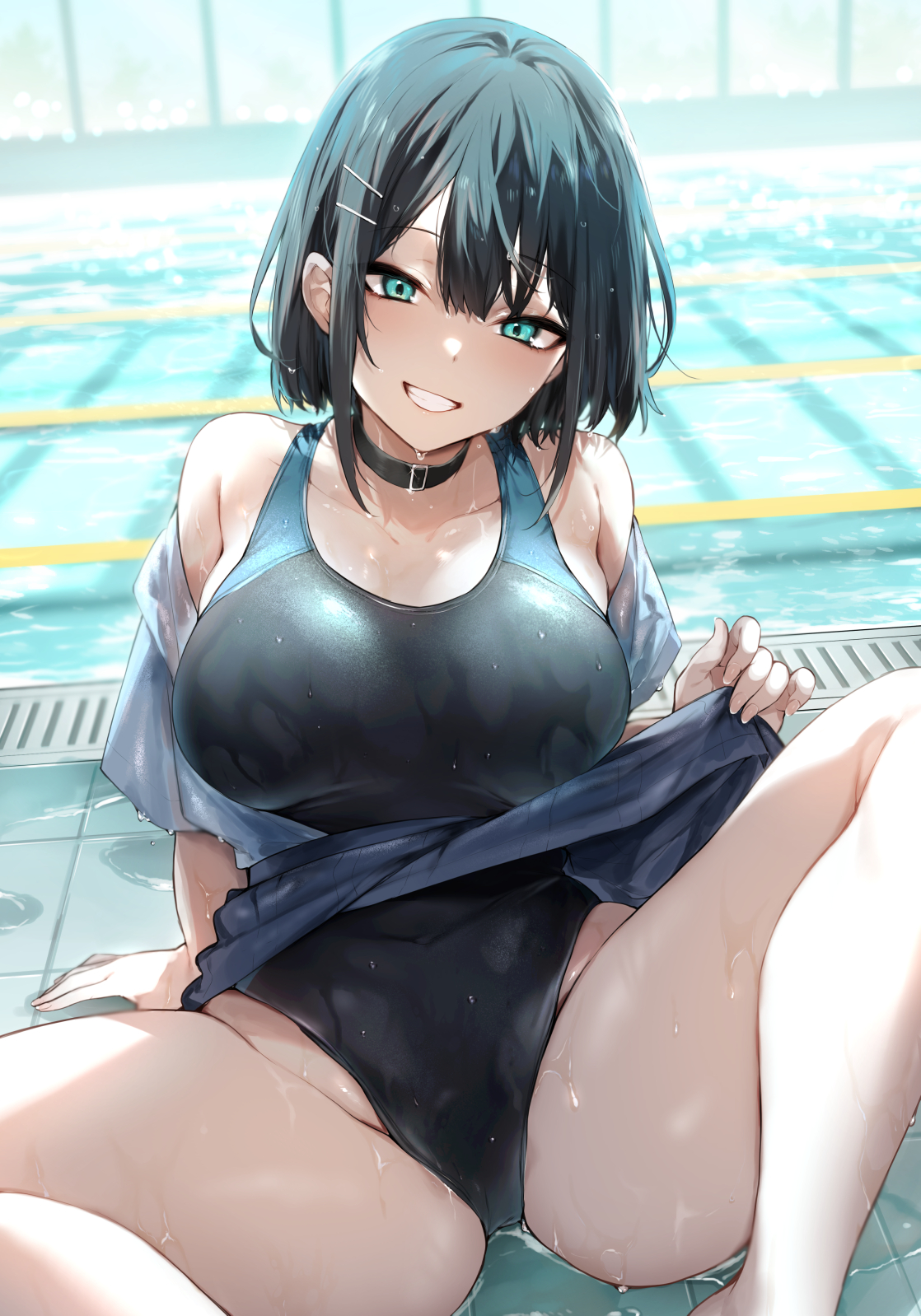 Anime 1118x1598 anime anime girls ass big boobs water wet swimwear lifting skirt wet body blue eyes Iriehana