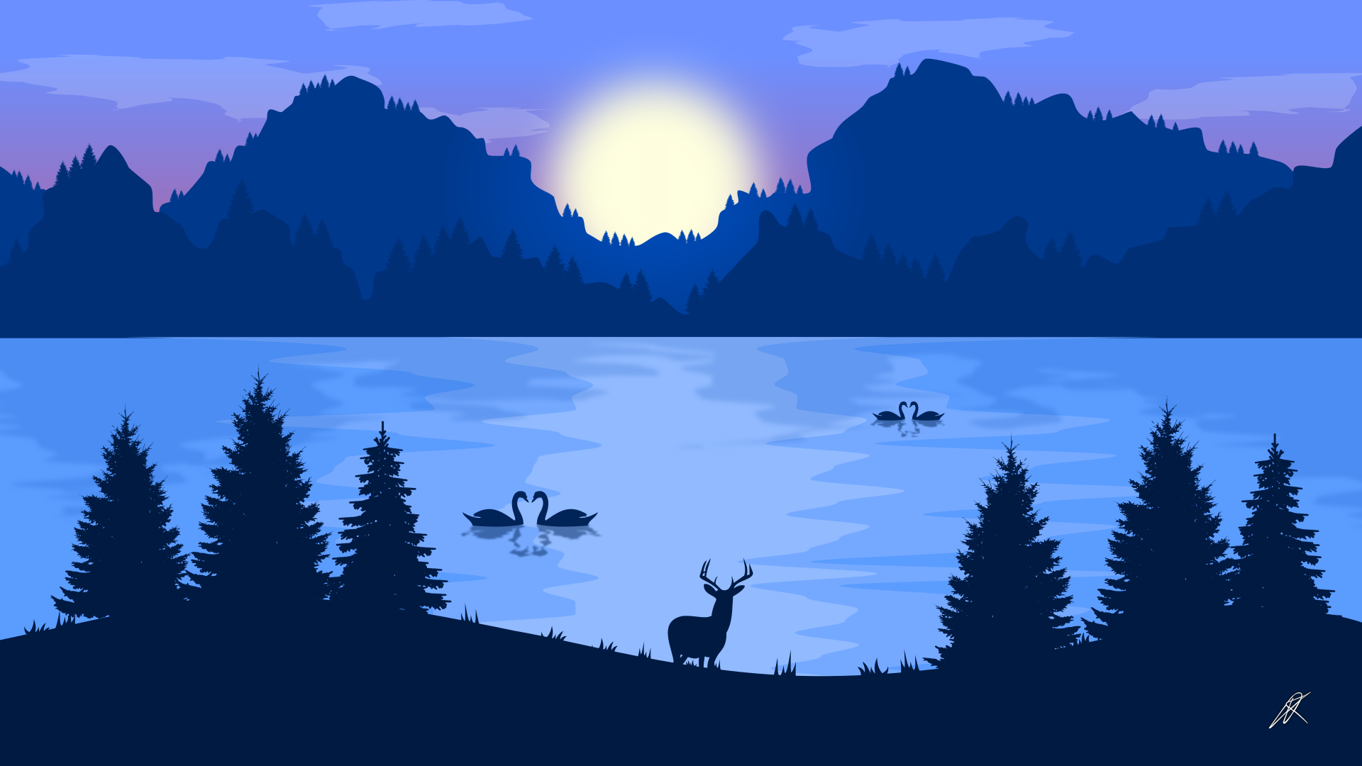 General 1920x1080 deer swans landscape mountains forest sunrise water animals digital art signature