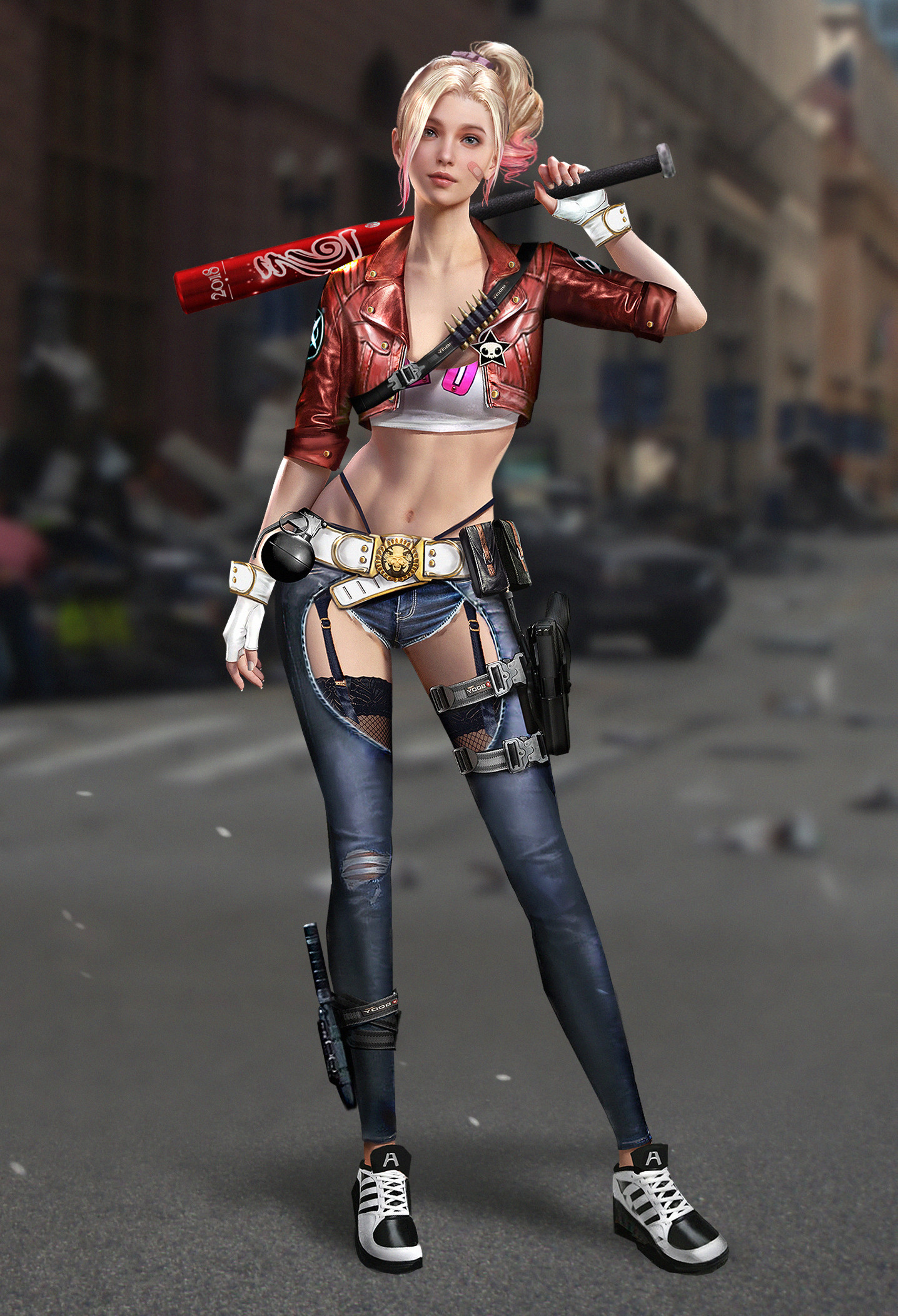 General 1436x2105 Ares (artist) drawing women blonde pink hair ombre hair ponytail curly hair open jacket baseball bat lingerie torn jeans outdoors holster weapon grenades