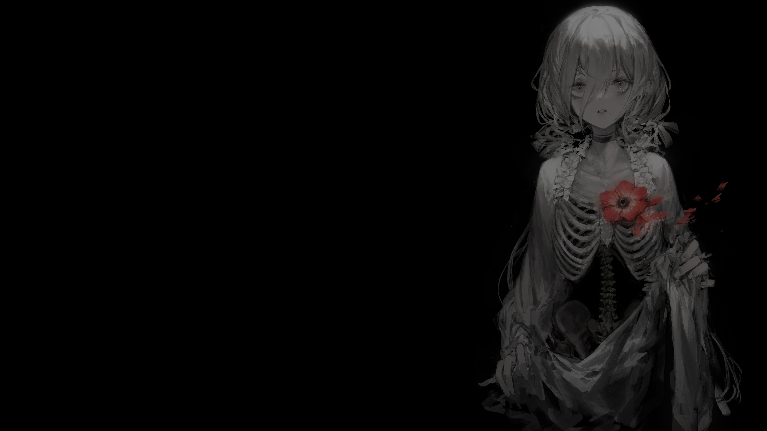 Anime 2560x1440 black background simple background anime girls flowers dark background bones selective coloring skeleton