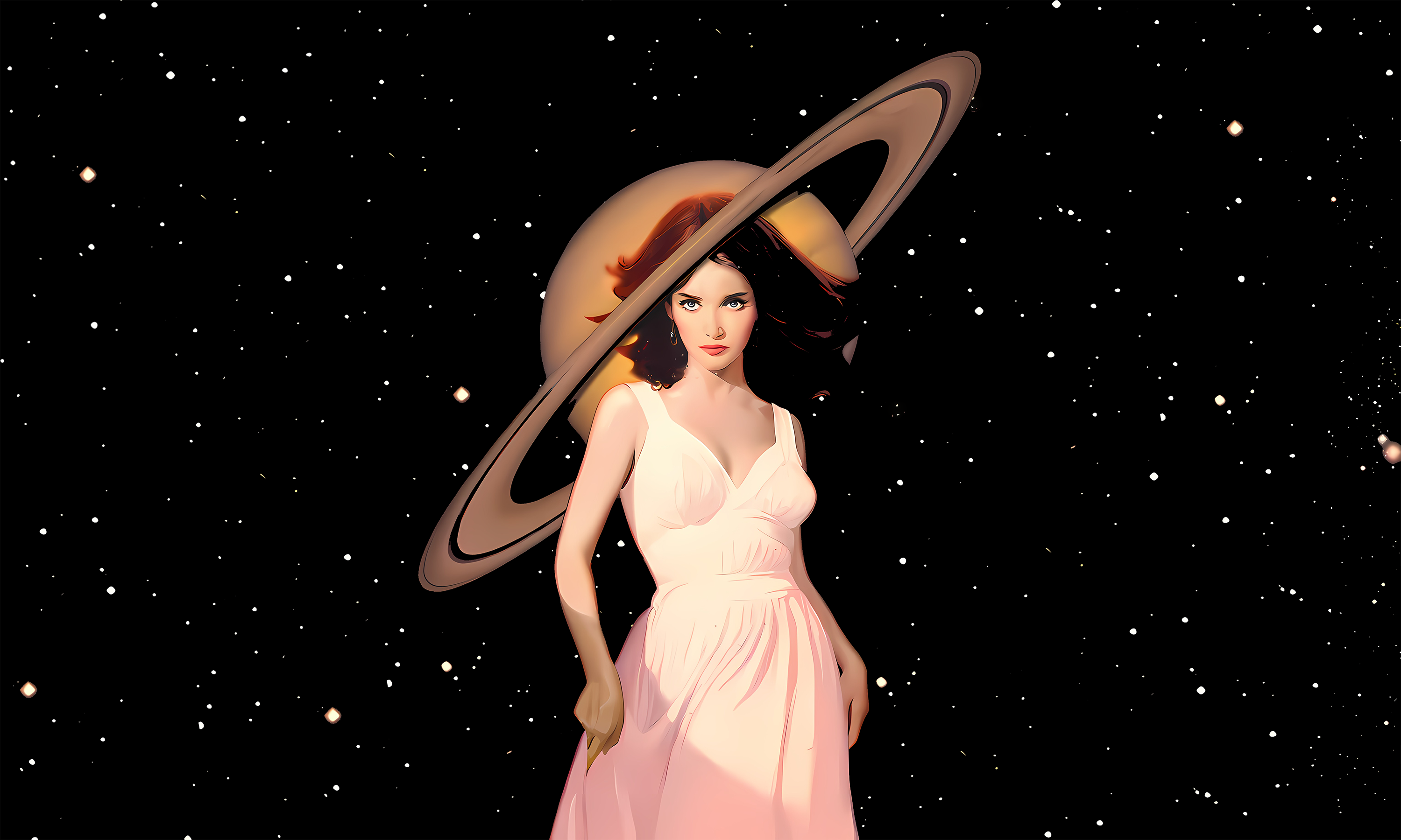 General 3000x1800 Saturn women space stars simple background dress planet artwork