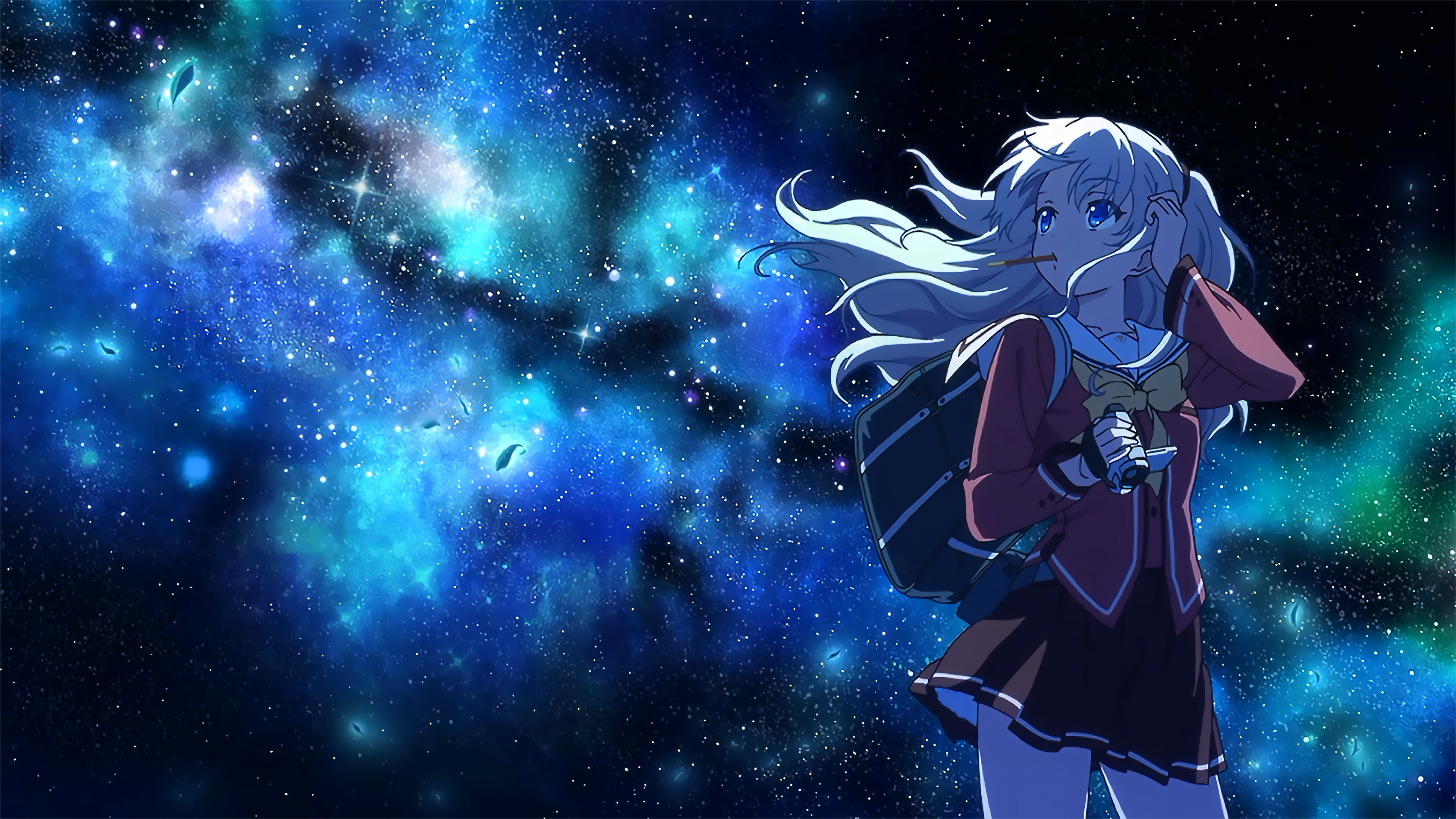 Anime 3840x2160 white hair Milky Way starry night stars blue eyes anime girls Charlotte (anime) Tomori Nao