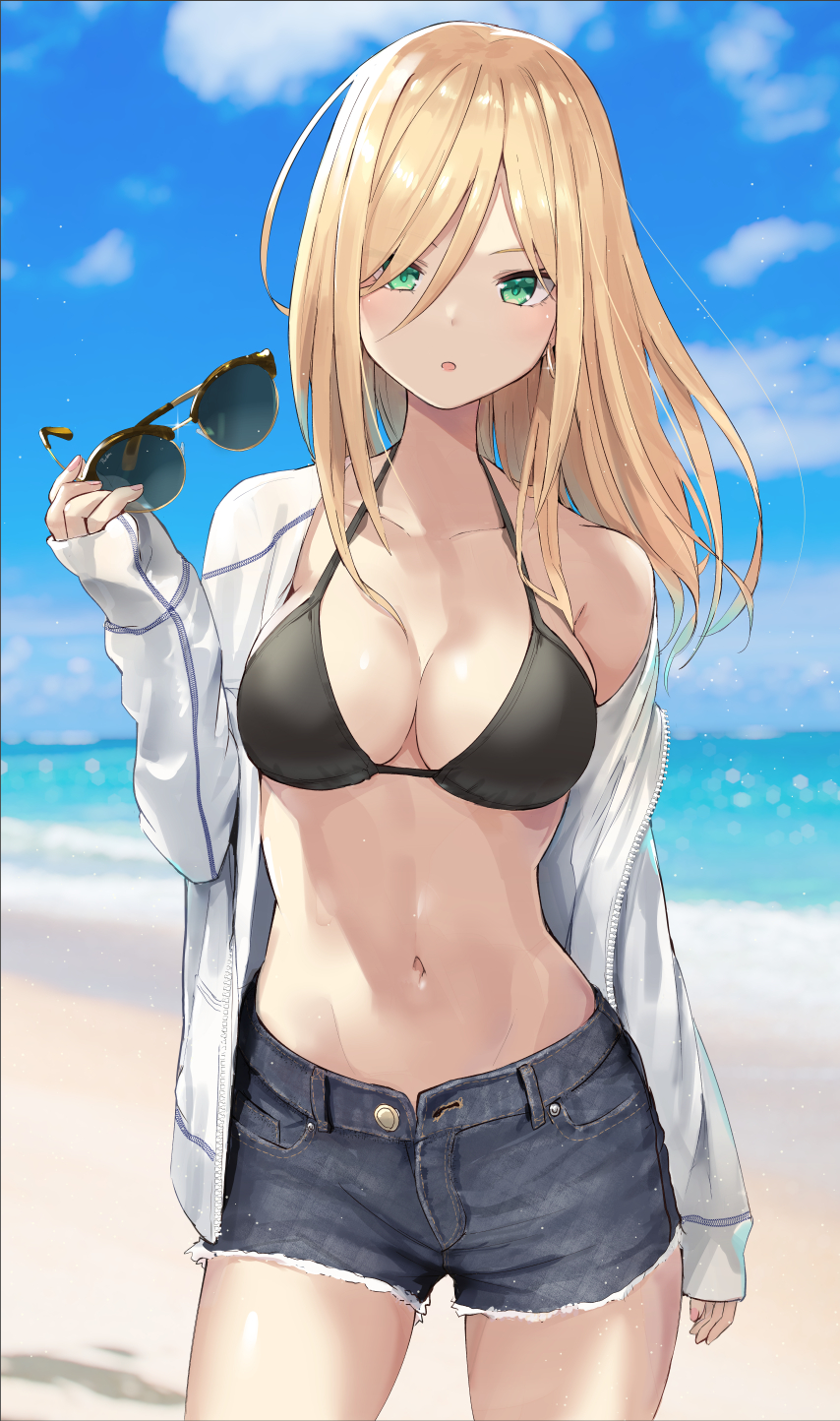 looking at viewer, petite, blonde, belly, belly button, digital art, anime, anime  girls, portrait, portrait display, 2D, ecchi, Pixiv, shorts, short shorts,  bikini, swimwear, sunglasses