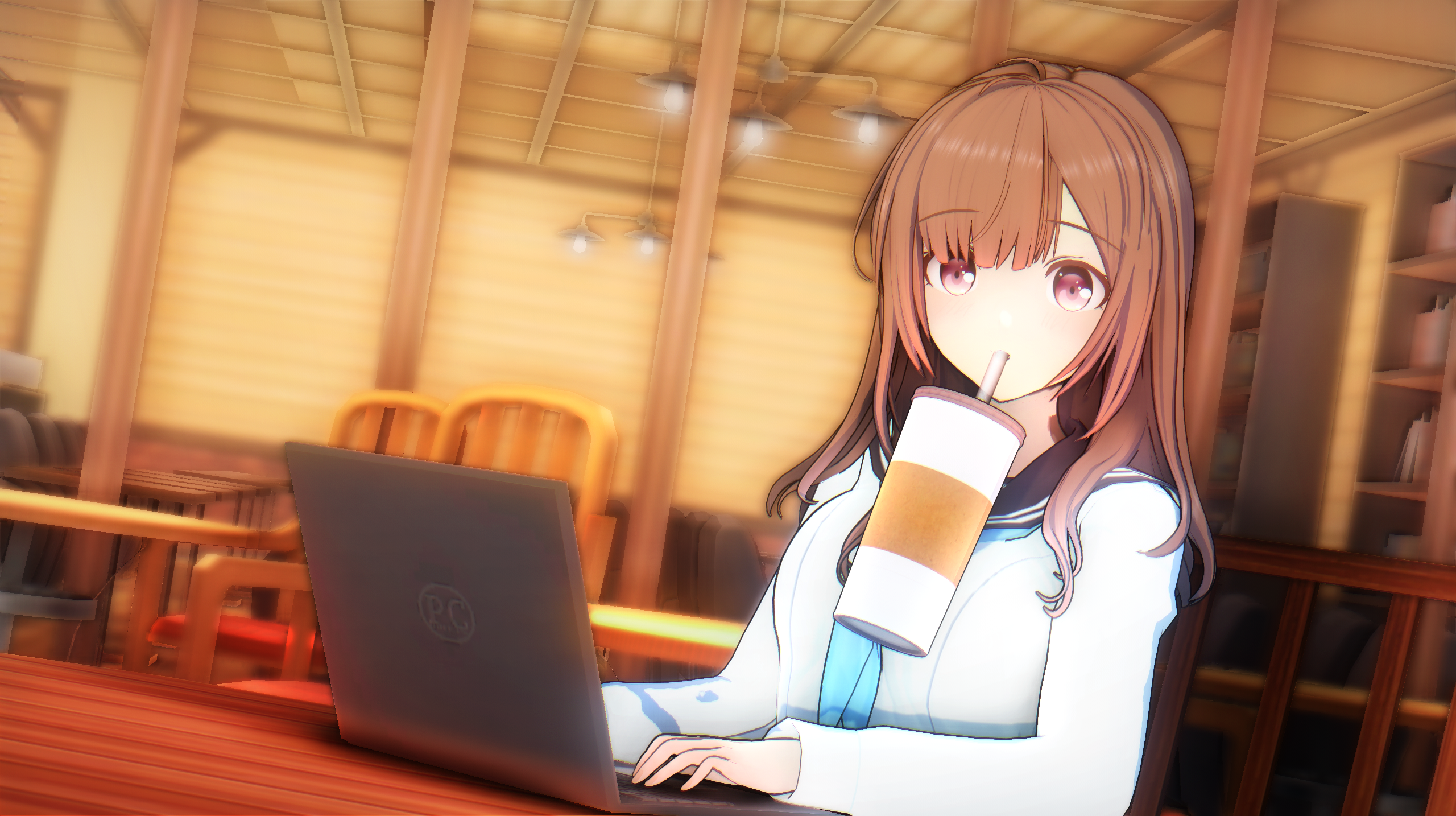 Anime 2560x1434 drink brunette anime girls laptop