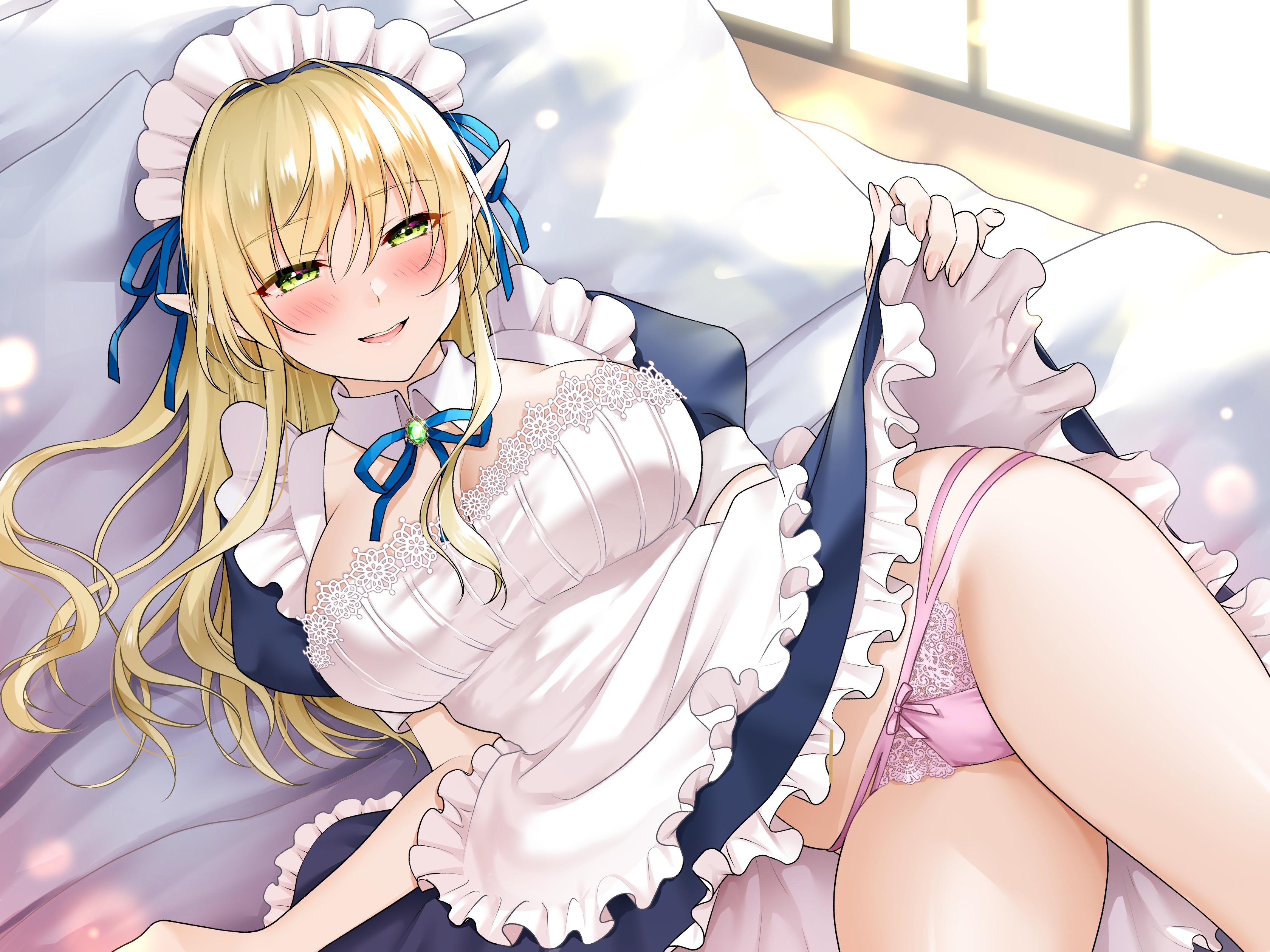 Anime 3360x2520 anime anime girls blonde pointy ears thighs pink panties green eyes maid maid outfit in bed bed lifting skirt blushing panties