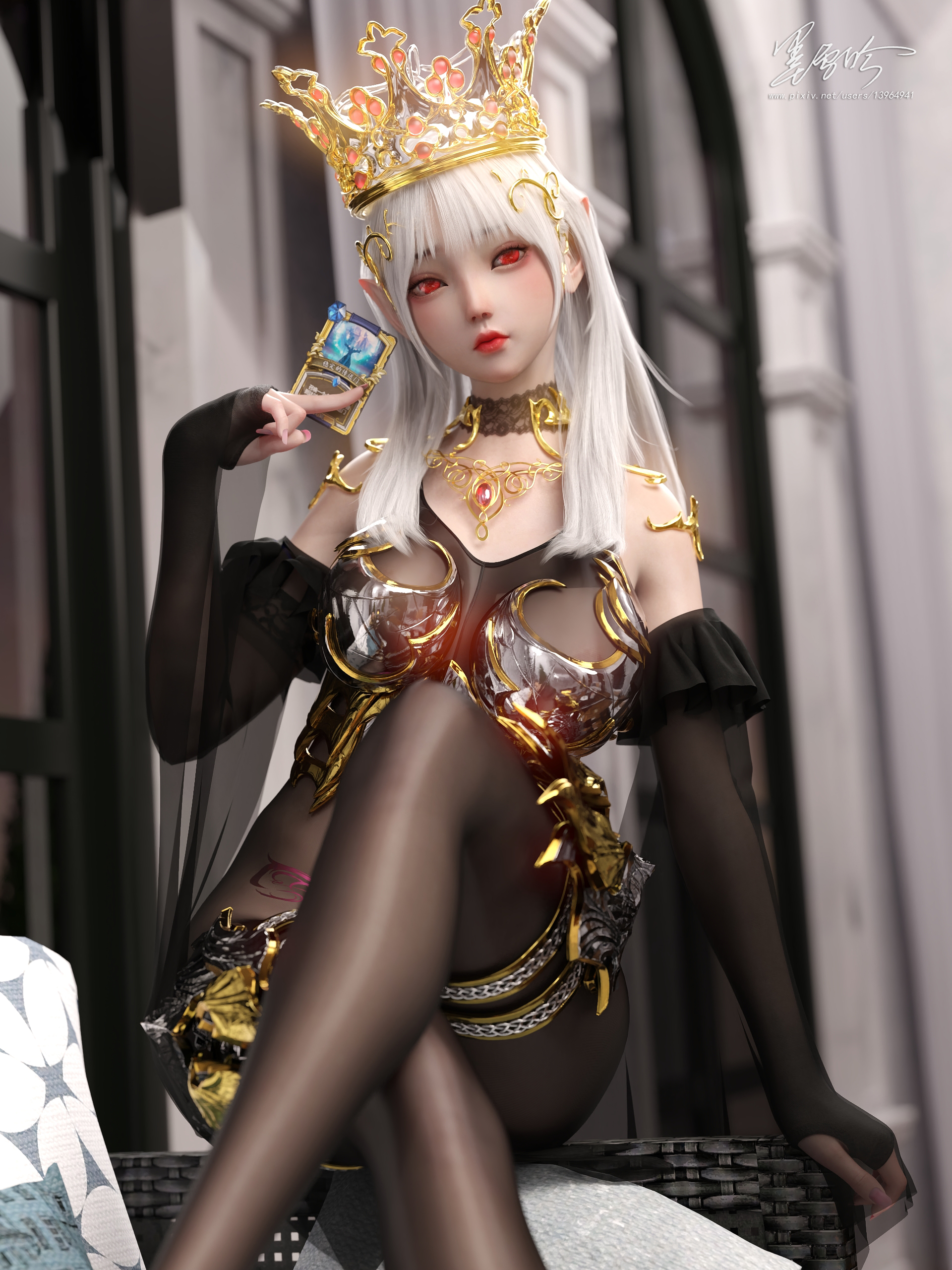 General 1920x2560 CGI fantasy girl white hair red eyes crown cards playing cards