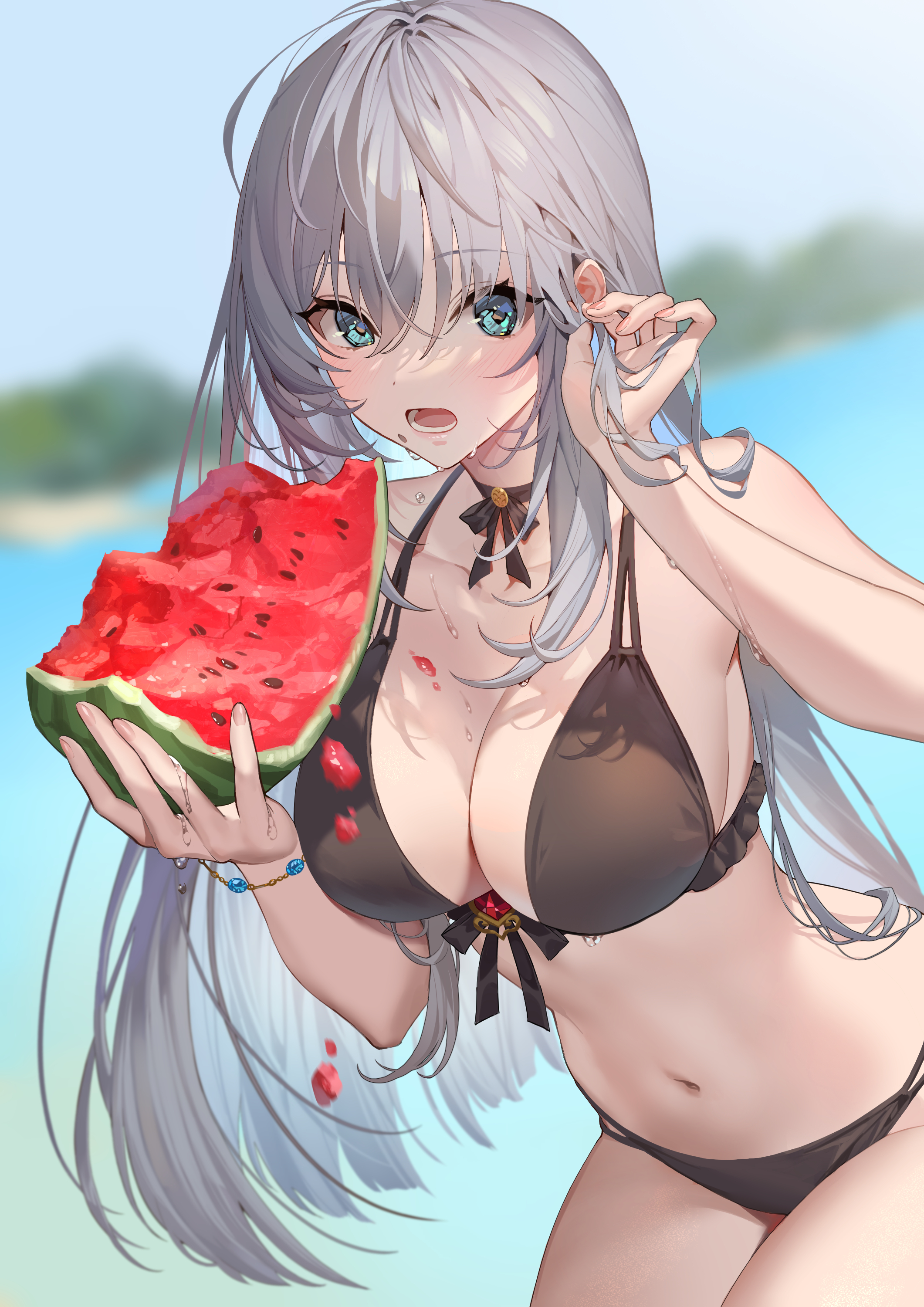 Anime 2121x3000 anime girls boobs watermelons bikini blue eyes gray hair big boobs Teffish artwork