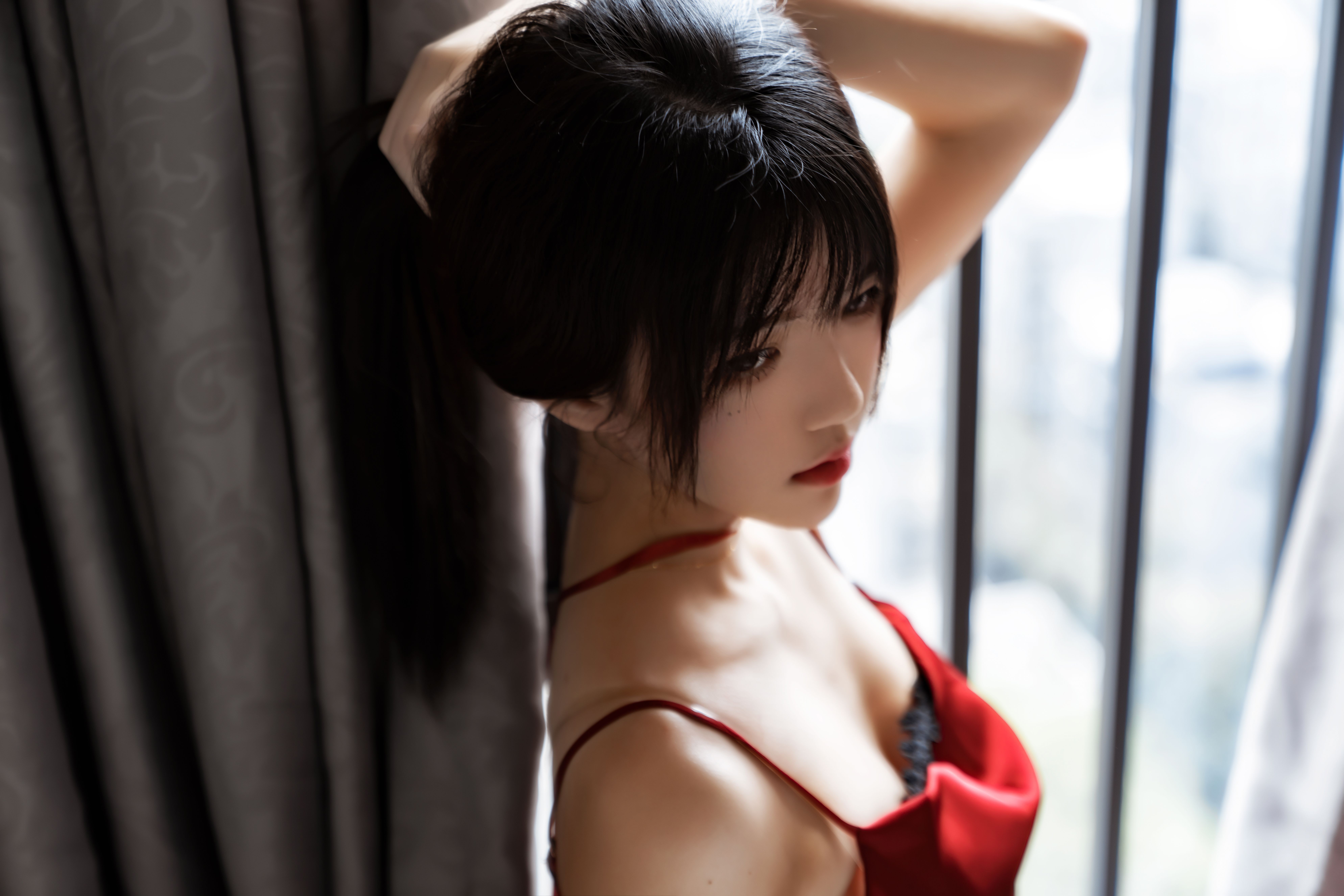People 7952x5304 women Asian dark hair ponytail looking away red dress cleavage by the window women indoors model brunette