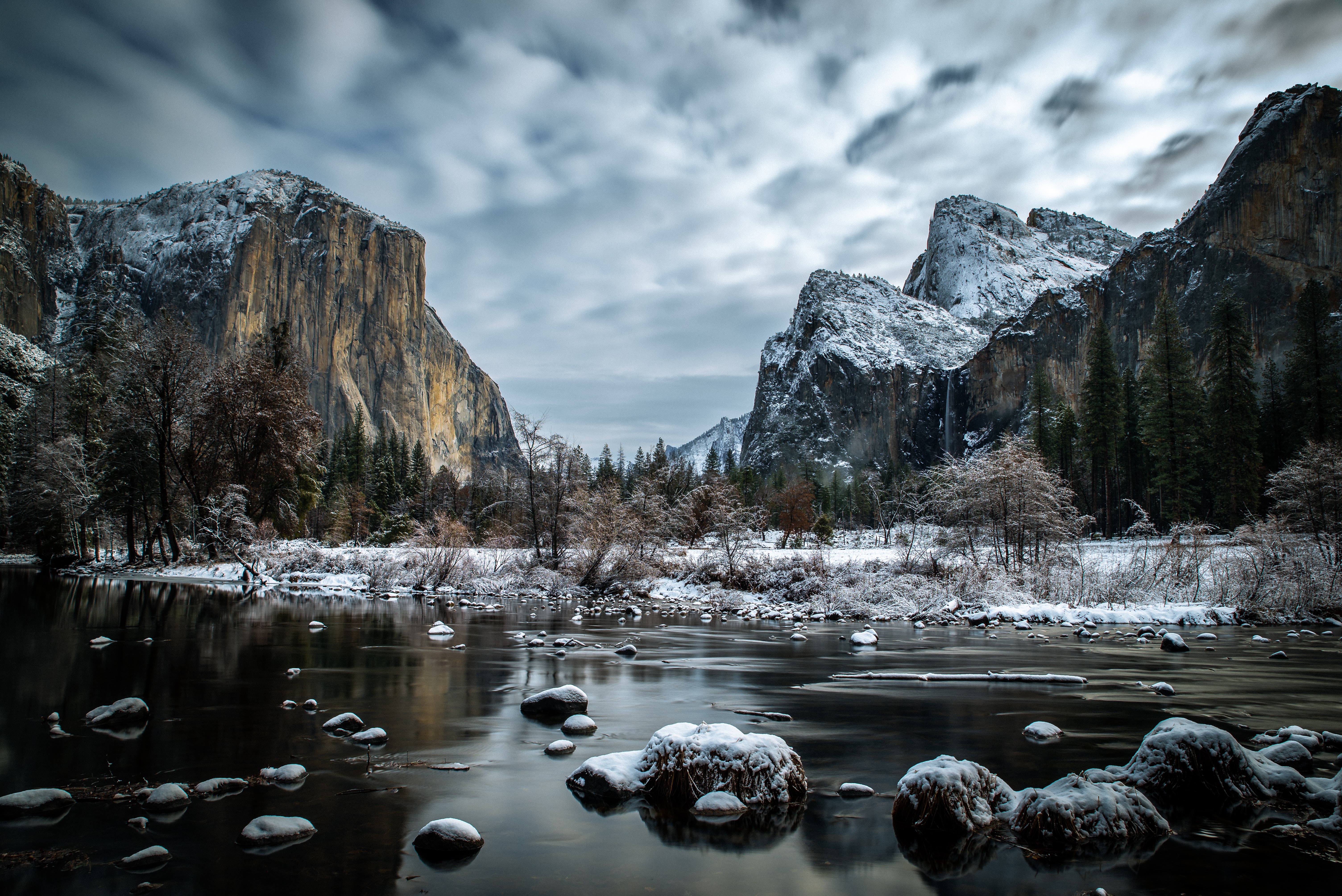 General 6016x4016 nature landscape mountains clouds long exposure river forest trees winter Yosemite National Park El Capitan California USA