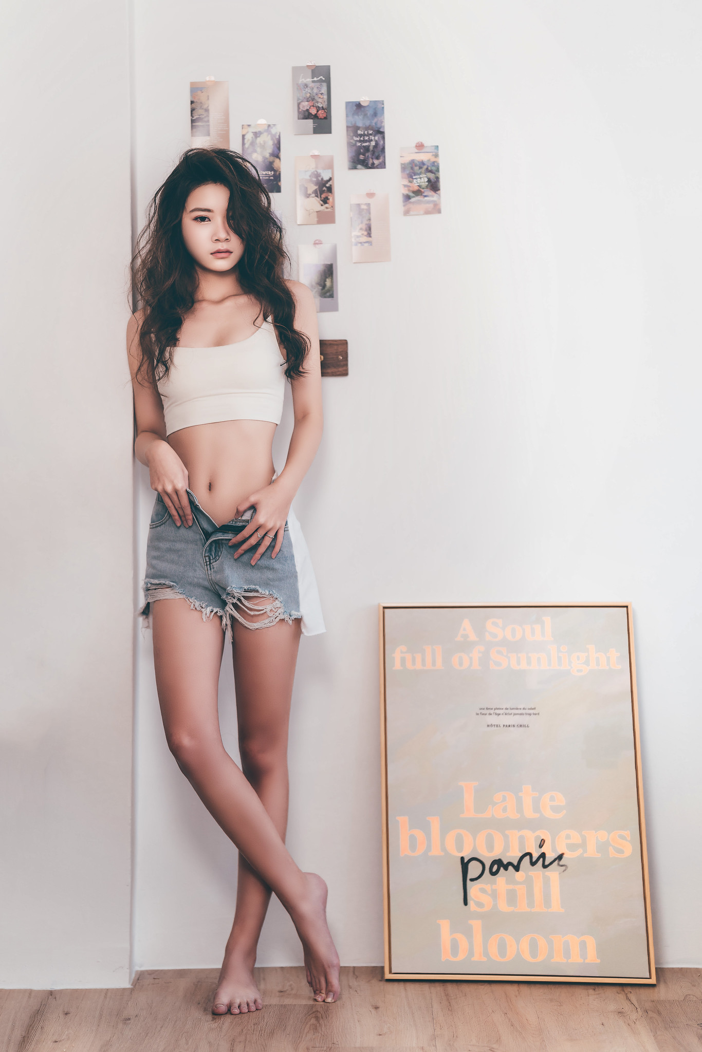 People 1366x2048 Asian women model standing women indoors indoors brunette hair over one eye slim body shorts unbuttoned legs barefoot looking at viewer open shorts jean shorts