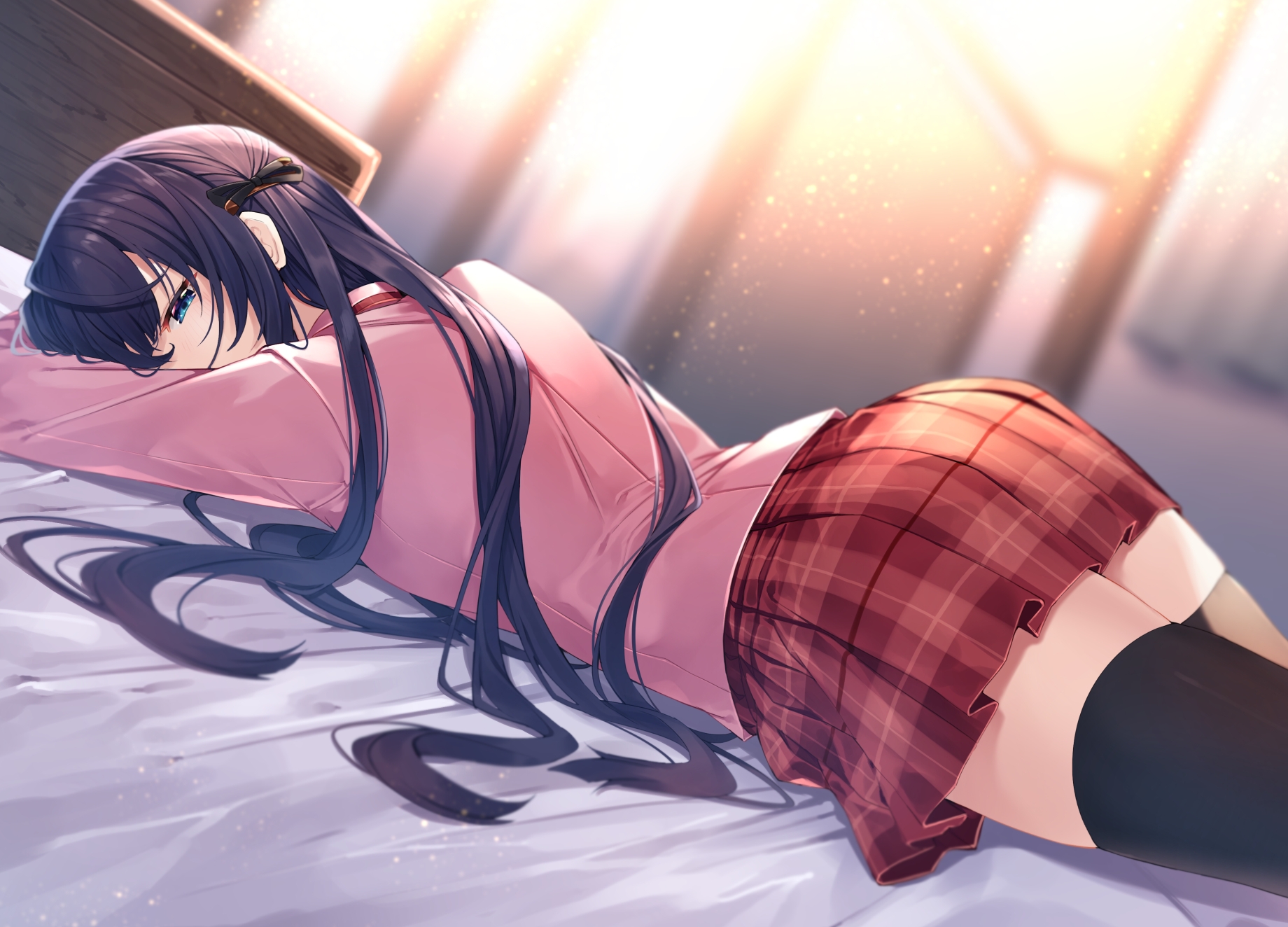 Anime 1840x1324 anime anime girls school uniform schoolgirl lying on front stockings