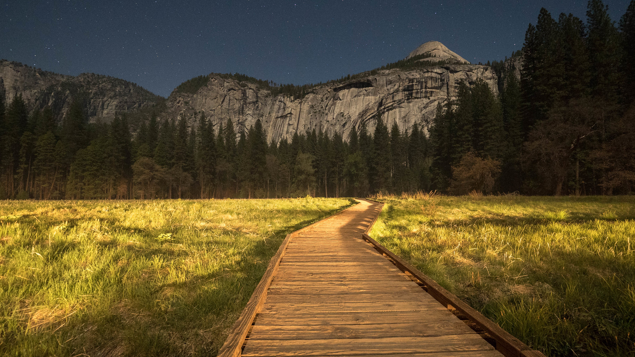 General 2048x1152 mountains grass path nature field forest forest clearing long exposure trees Yosemite National Park