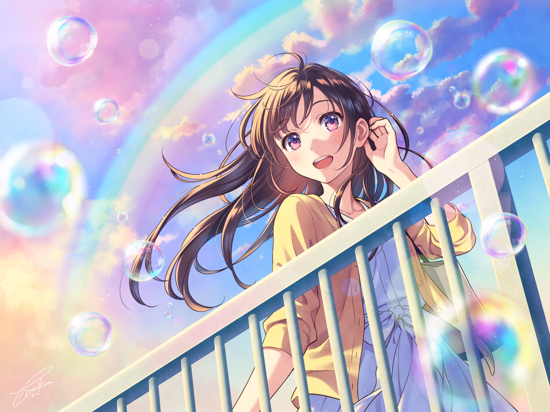 Anime 1764x1323 anime girls bubbles rainbows clouds smiling anime artwork