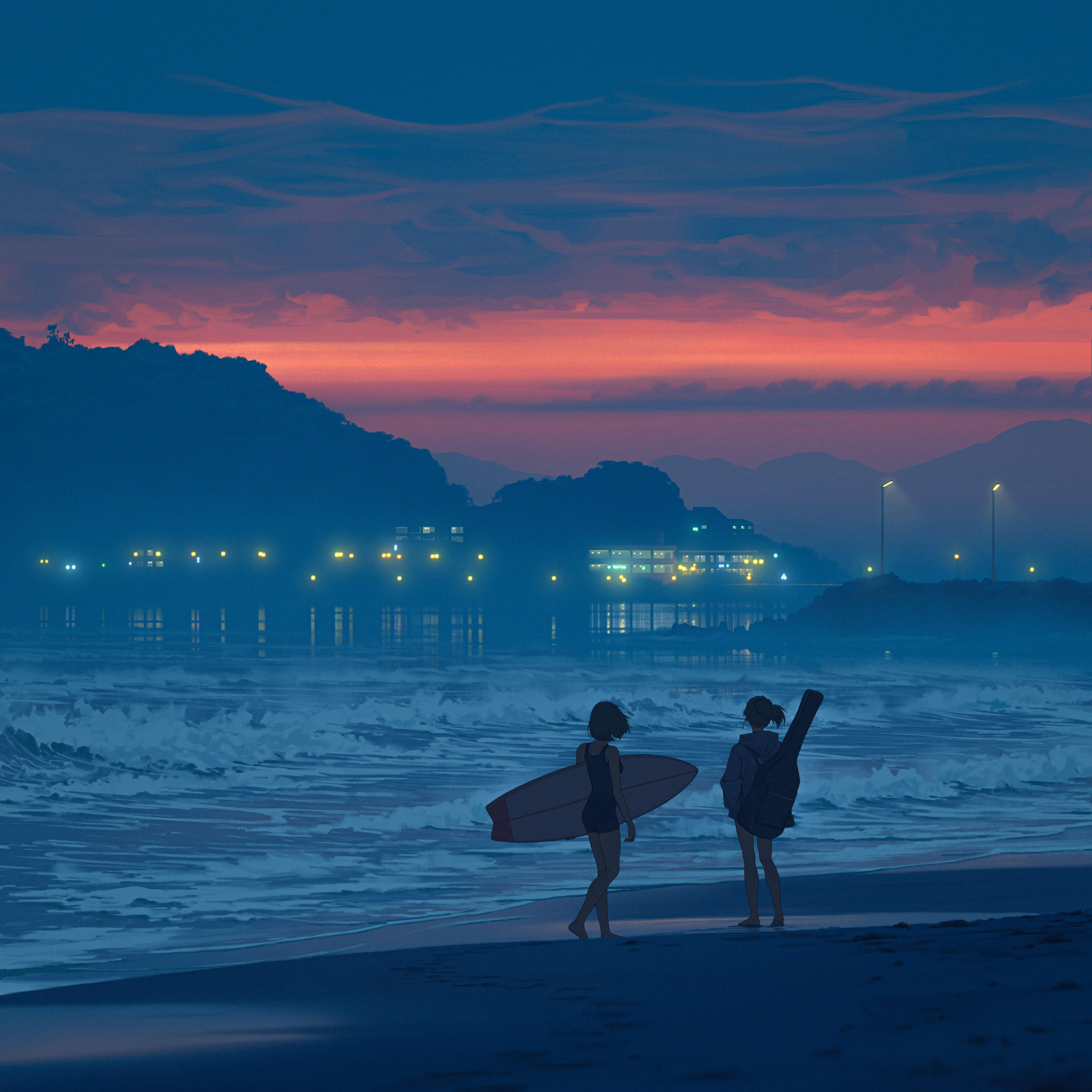 Anime 4096x4096 sea anime girls surfboards guitar water twilight beach