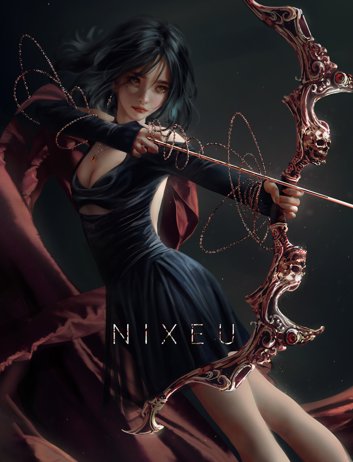 General 1144x1500 Nixeu drawing women dark hair red eyes dress black clothing jewelry ruby bow arrows fighting archer fantasy art