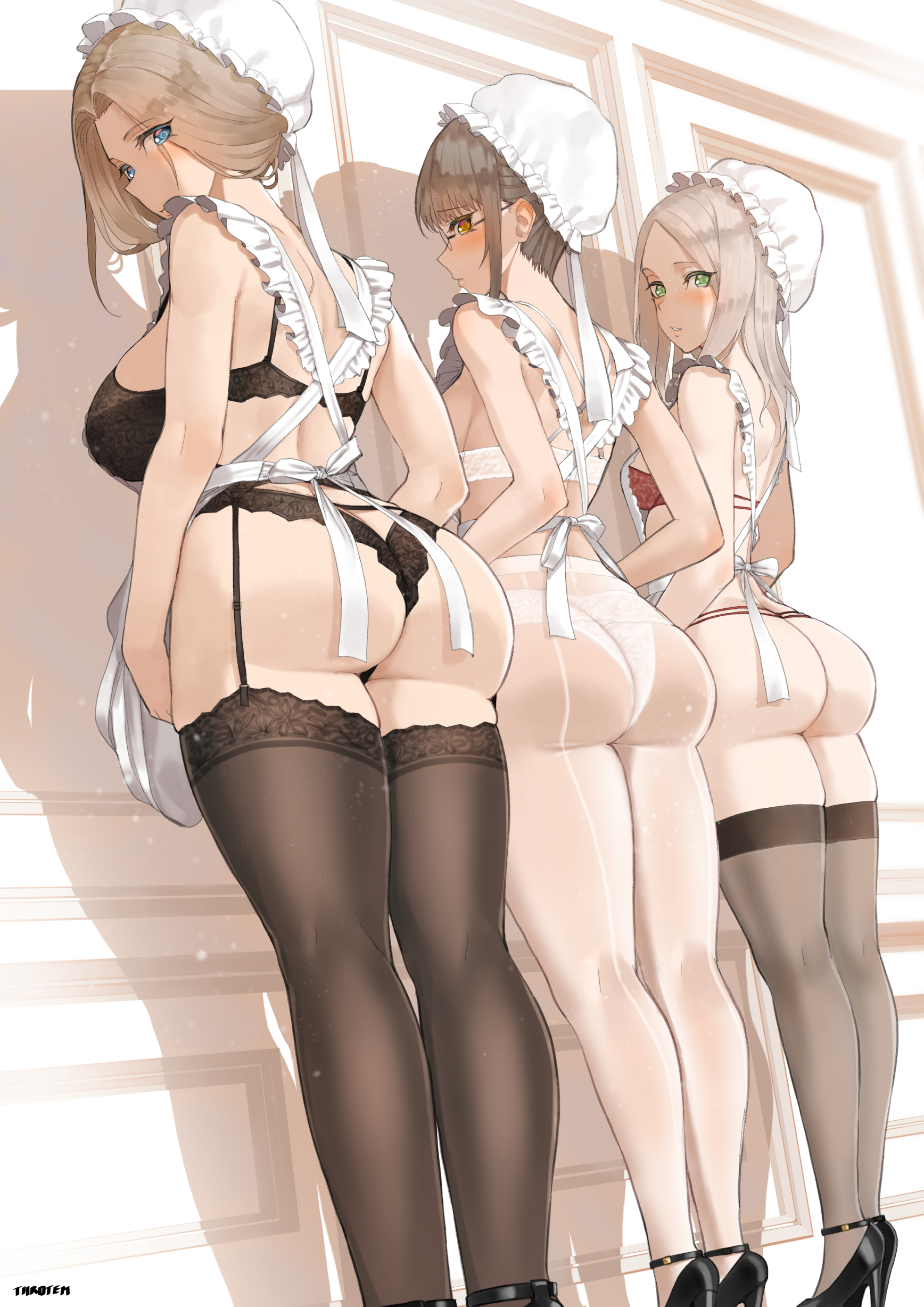 Anime 1736x2456 Throtem ass pantyhose thigh-highs maid maid outfit anime girls lingerie apron