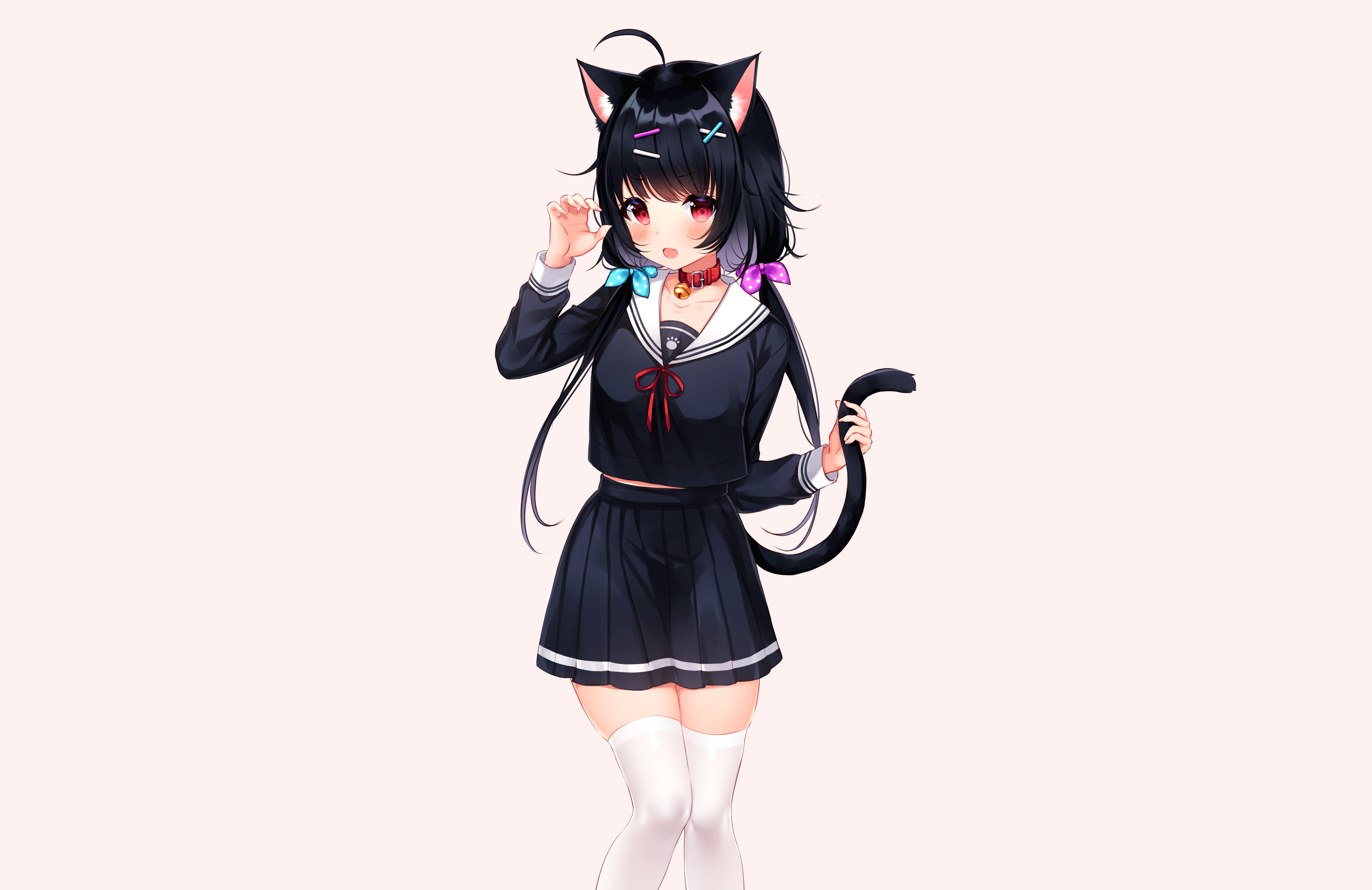 Anime 4440x2880 anime anime girls original characters skirt blushing cat girl simple background frills cat ears open mouth hair ornament stockings white stockings cat tail collar collarbone long sleeves red eyes black hair thighs minimalism ahoge bells hair ribbon twintails