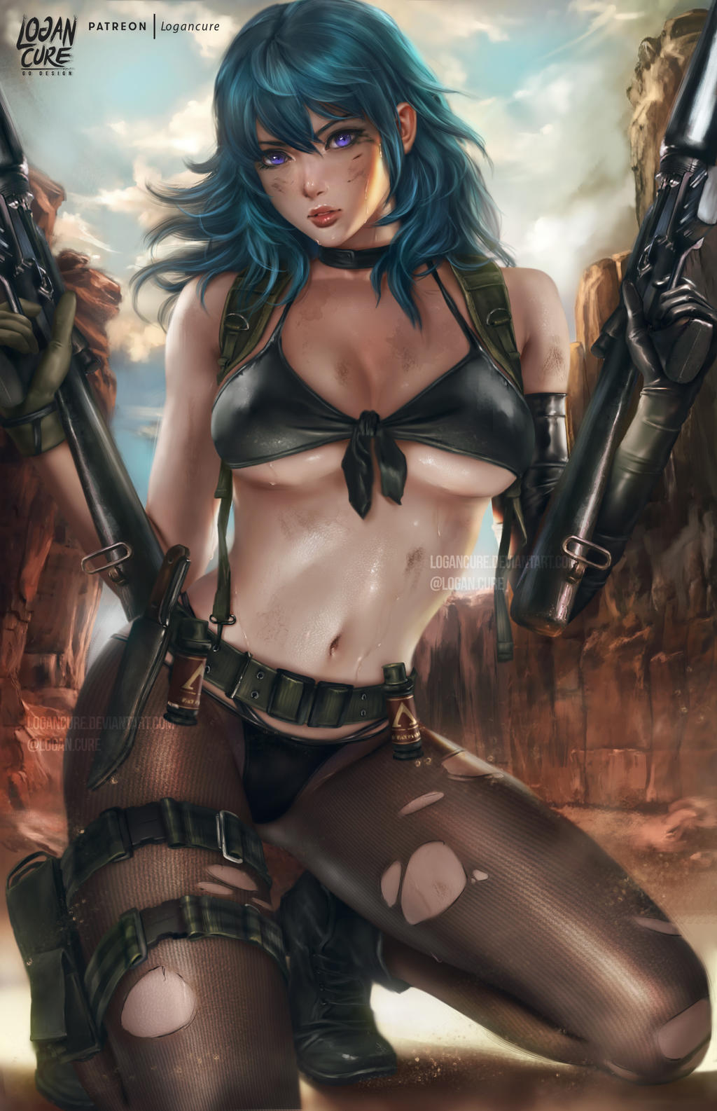 Anime 1024x1586 Logan Cure drawing Fire Emblem women Byleth blue hair bra panties torn pantyhose weapon gun canyon dirty Metal Gear Solid V: The Phantom Pain Quiet (metal gear)