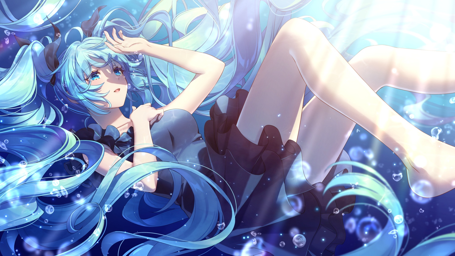 Anime 1920x1080 anime anime girls legs dress long hair underwater blue eyes blue hair twintails Vocaloid Hatsune Miku