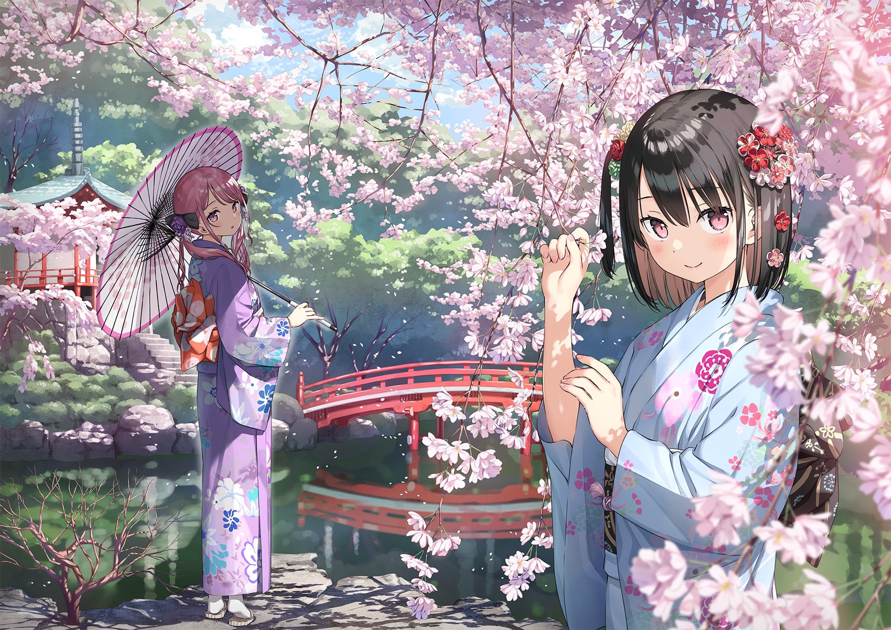 Anime 1800x1273 anime anime girls Kantoku artwork Kurumi (Kantoku) Shizuku (Kantoku) cherry blossom umbrella Japanese clothes kimono