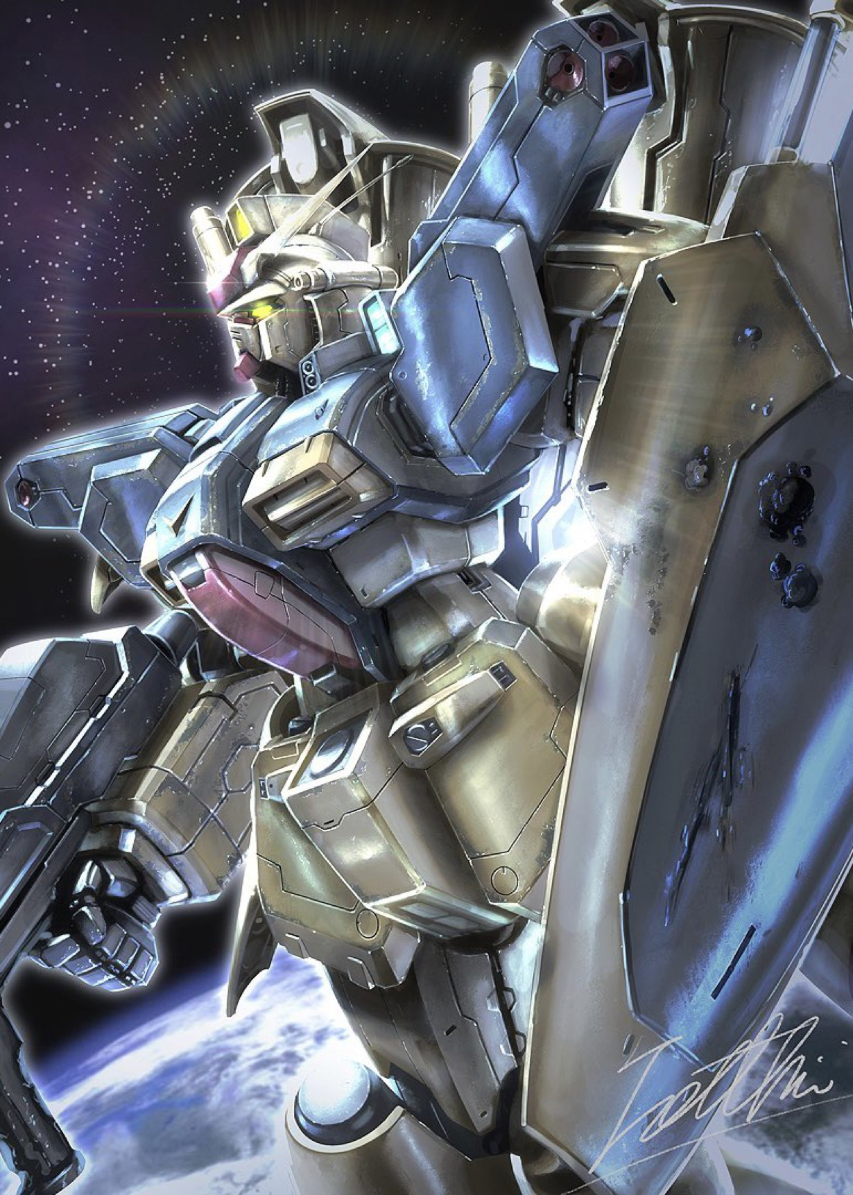 Anime 1230x1723 Mobile Suit Gundam 0083: Stardust Memory GP01 Gundam "Zephyranthes" Full Burnern anime mechs Gundam Super Robot Taisen artwork digital art fan art