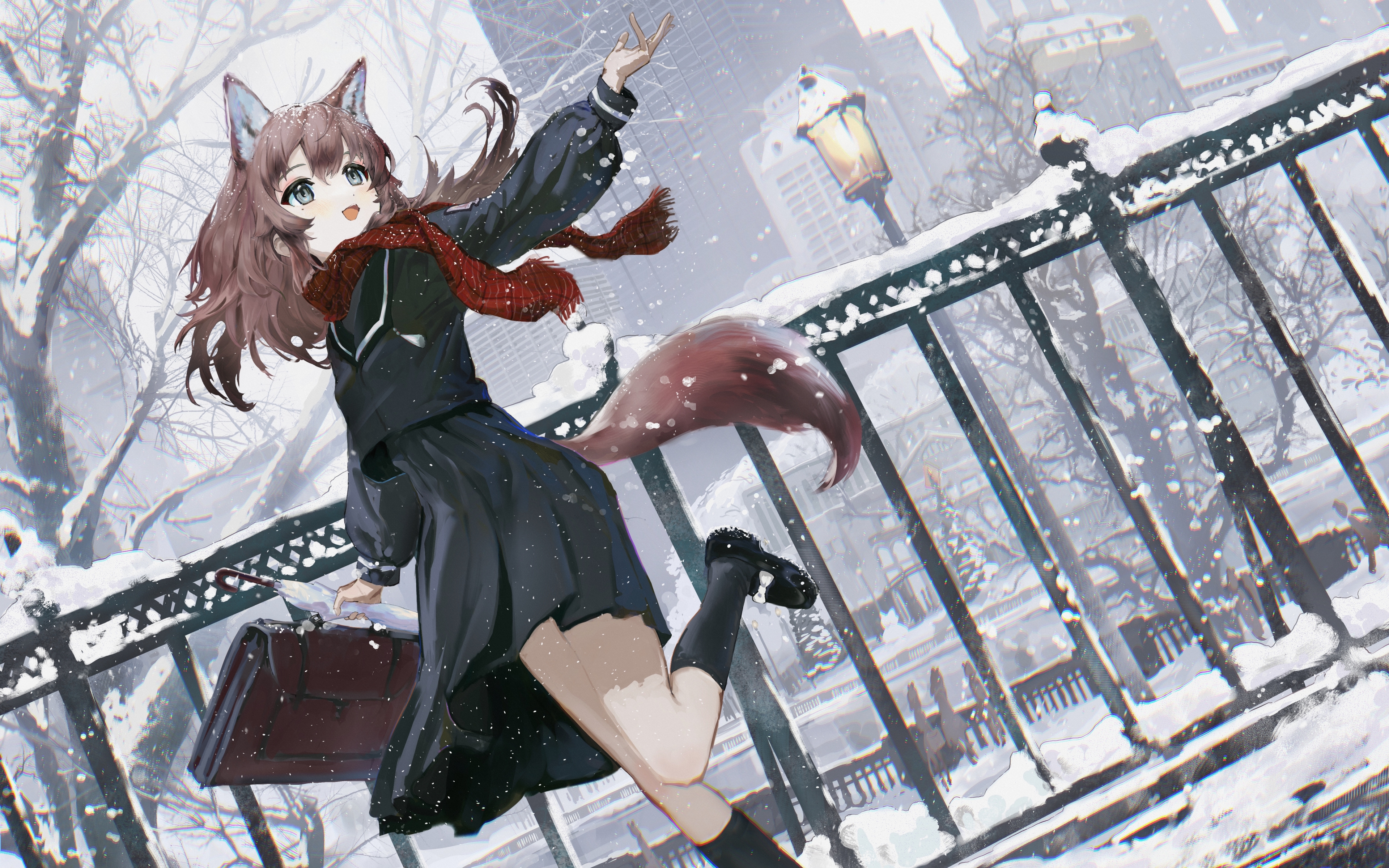 Anime 3840x2400 anime anime girls original characters fox girl snow scarf school uniform
