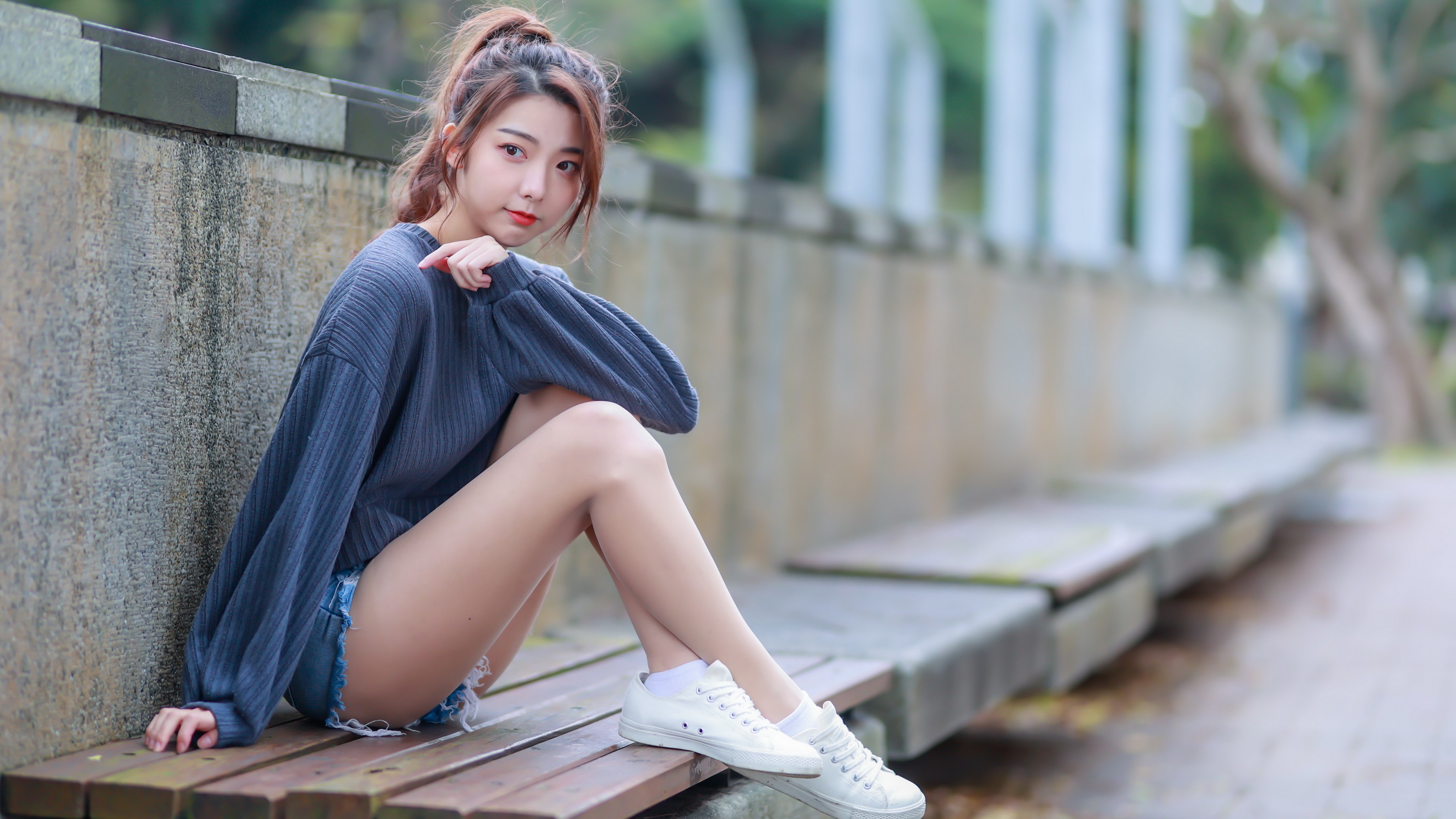 People 3840x2160 Asian model sitting thighs legs brunette women