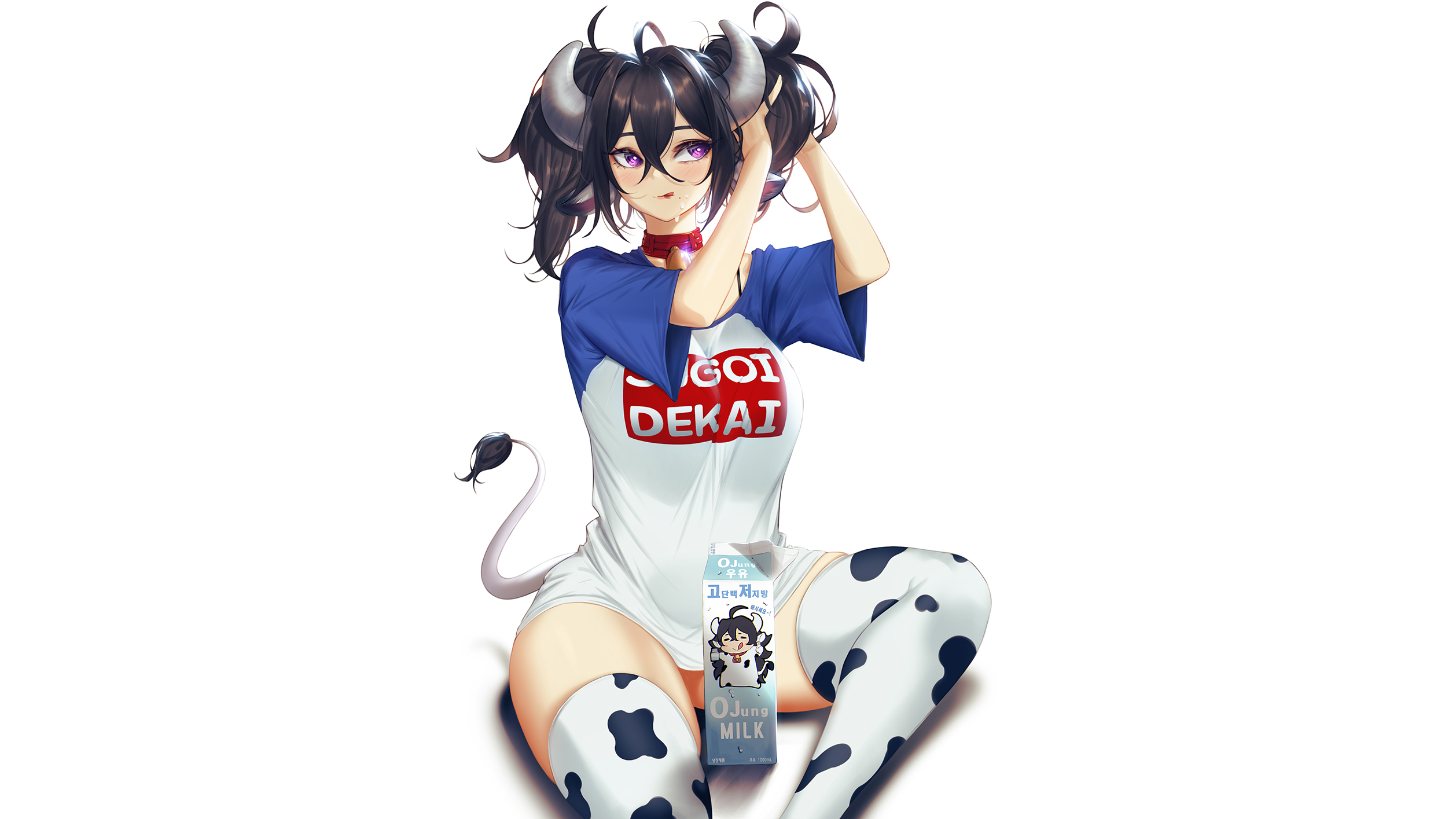 Anime 2516x1415 cow girl original characters fantasy girl horns blushing milk T-shirt stockings white background simple background artwork 2D drawing anime anime girls blueorca tail